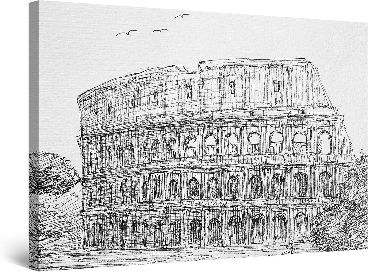 Schilderij op canvas Startonight – Colosseum Rome Italië Zwart-wit Schets – Kunstwerk ingelijst 80 x 120 cm Klaar om aan de muur te hangen