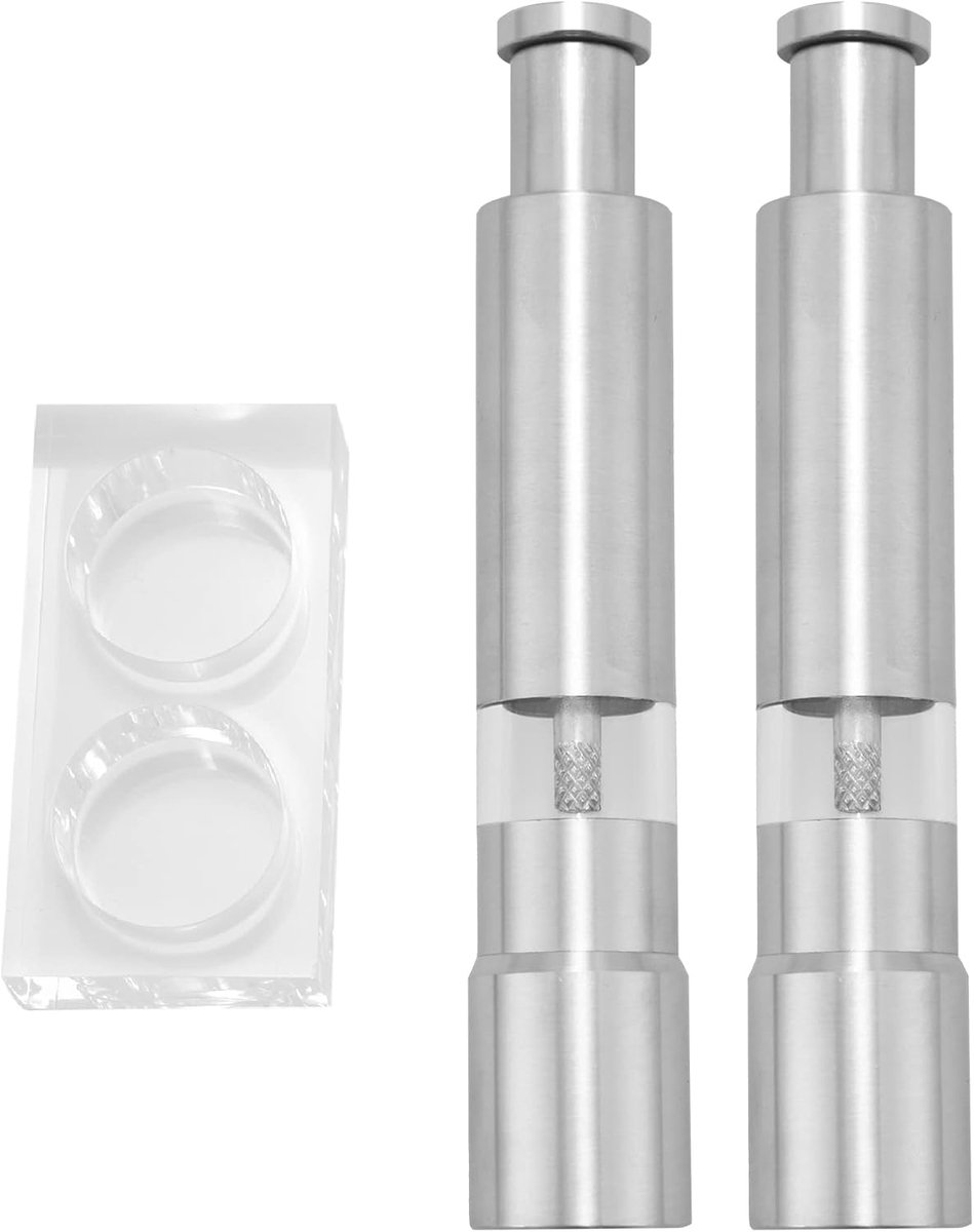 Zout- en 2-delige set, zoutvaatjes van staal, handmatige drukknop, glazen zout en set