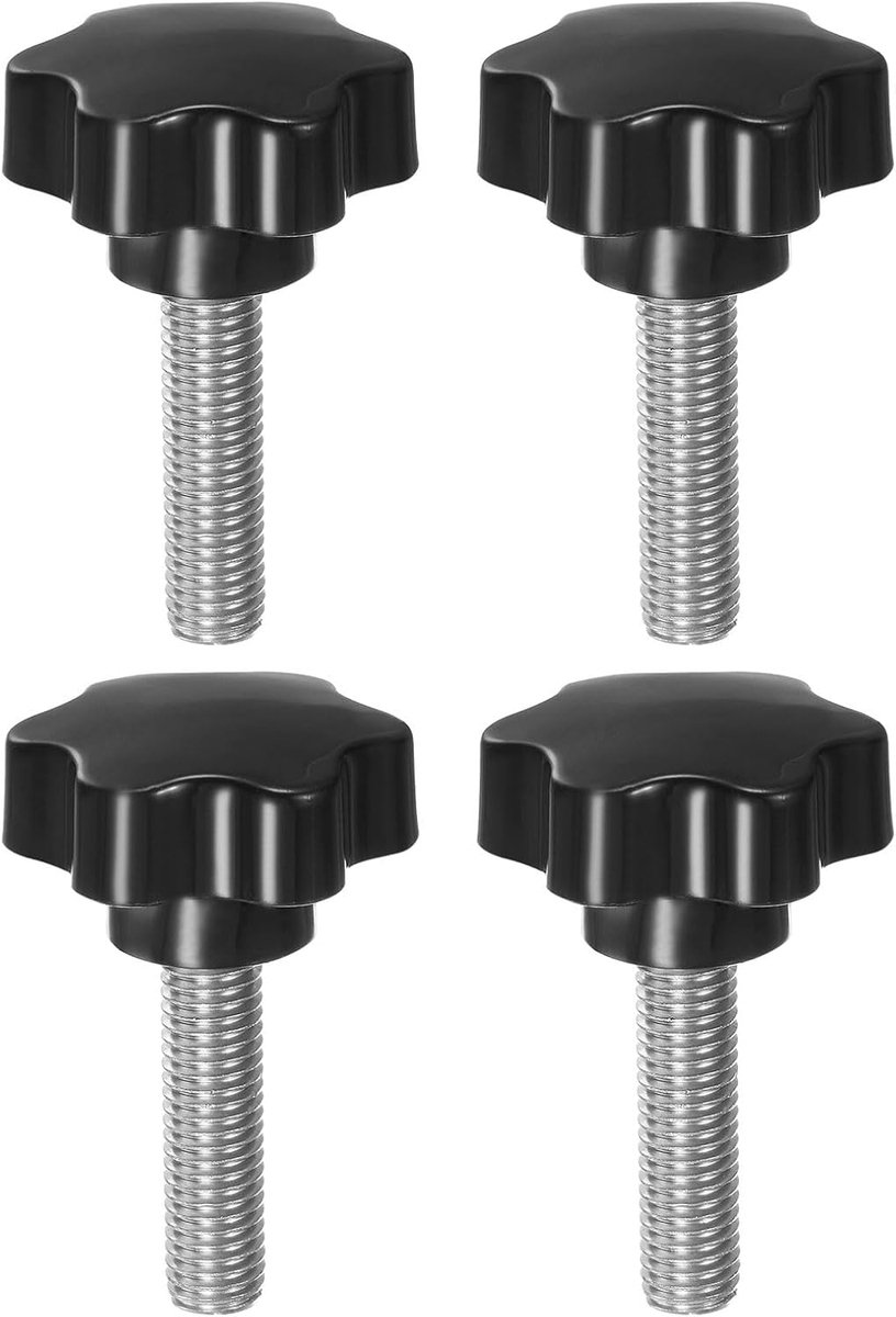 4 stuks sterknoppen M12 x 45 mm schroefdraad van roestvrij staal 304 46 mm kunststof spanknop gekartelde kopschroef handmatige 6-sterren schroef handvat, zwart