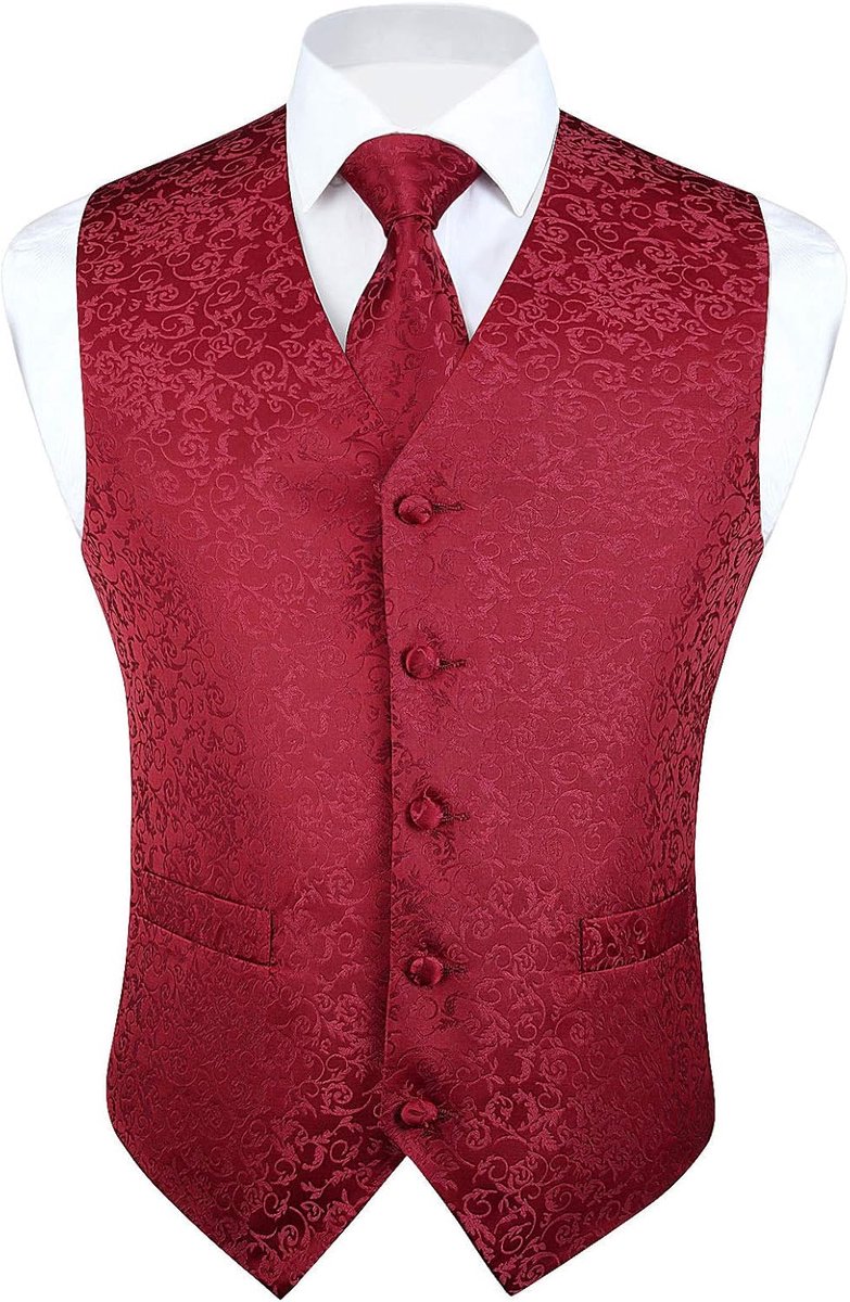 Paisley gilet voor heren, jacquard bloemenmotief, stropdas, pochet, voor bruiloftsfeest, zakelijke pasvorm, set met gilet, XS - 6XL