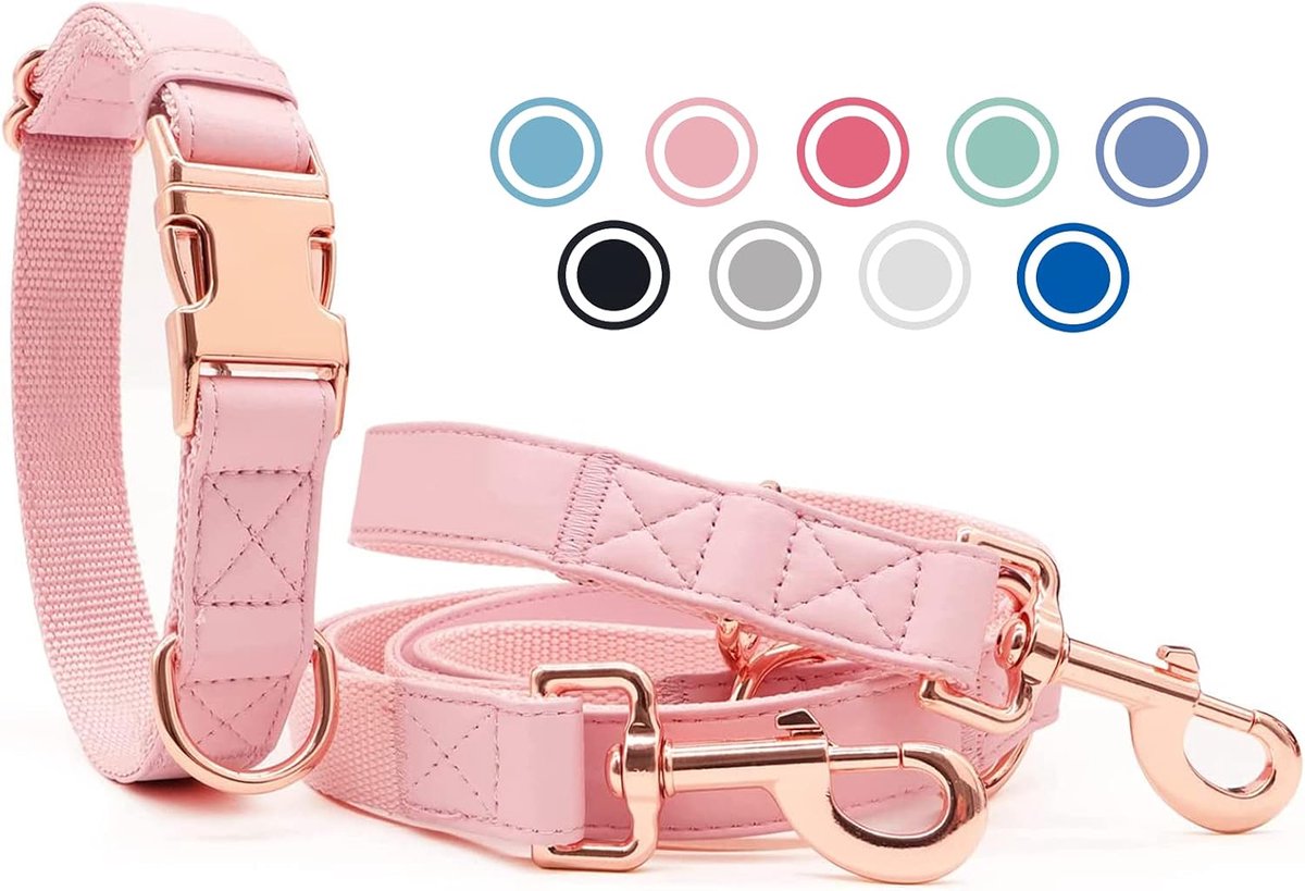 lederen hondenhalsband en riem (2 m) set - 3-voudig verstelbare hondenriem met halsband, stijlvolle roségouden metalen gesp & nylon hondenriem voor puppy's kleine middelgrote honden roze, XS