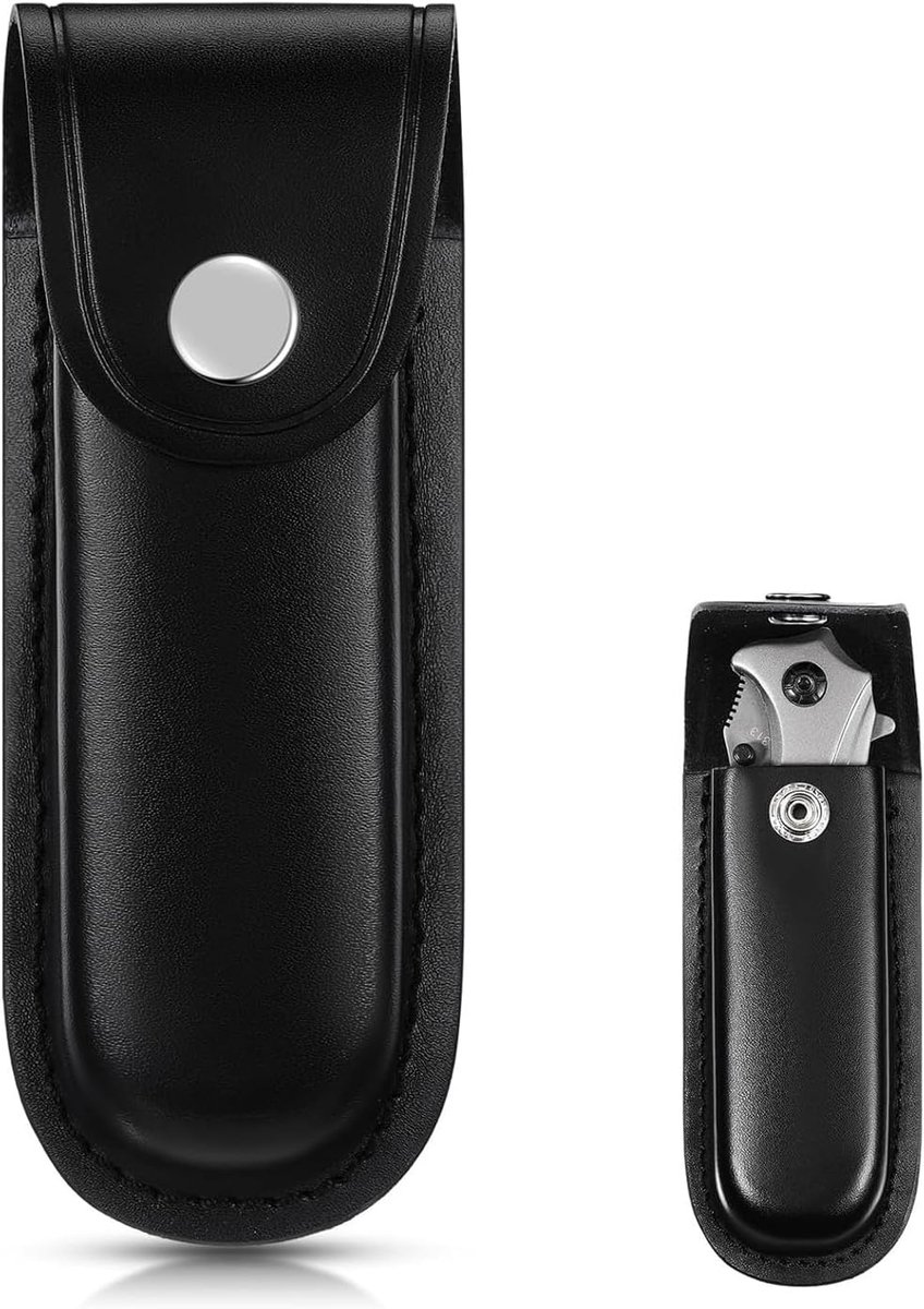 Heuptas van leer, draagbare holster met drukknoopsluiting en lus, opvouwbaar, voor messen, zakmes, multitools (12,5 cm), zwart