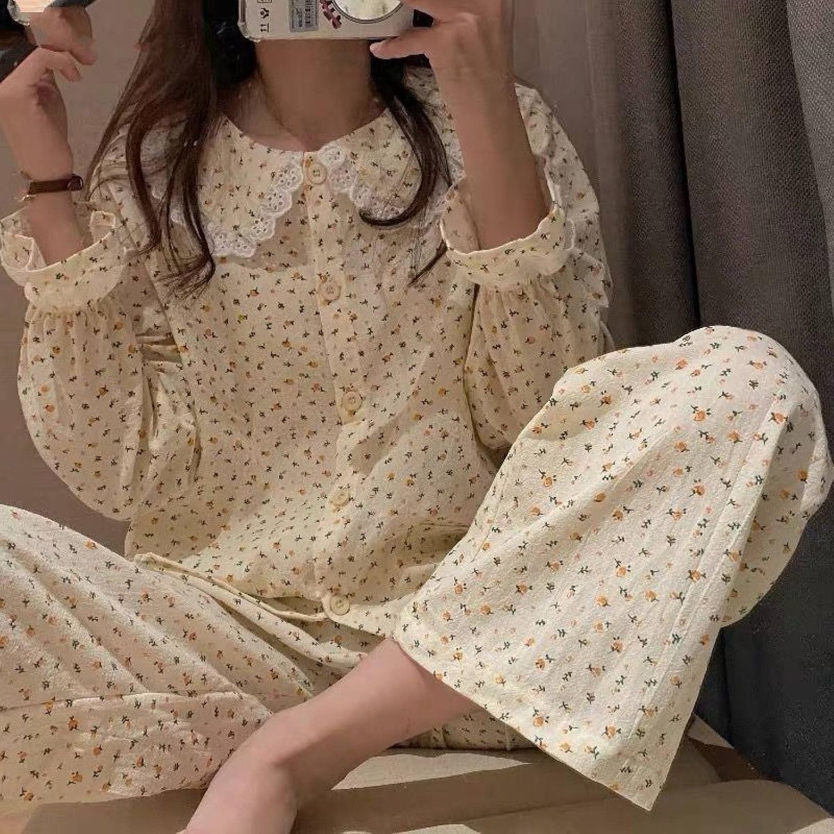 Japanse Stijl Schattige Pyjamasets - Zachte Retro Tedere Print Turn-Down Kraag Casual Mooie Nachtkleding,Dames Chic Herfst Homewear Student Homewear Kleding Zusters Outfit, Zoals Afgebeeld