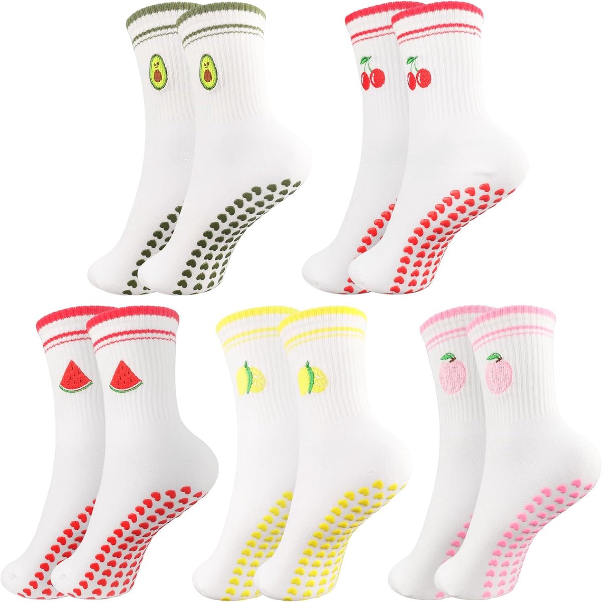Sokken voor dames, antislip, yogasokken met grip, katoen, gestreept fruit, borduurwerk, antislip sokken voor reformers, pilates, ballet, dans, fitness en training thuis