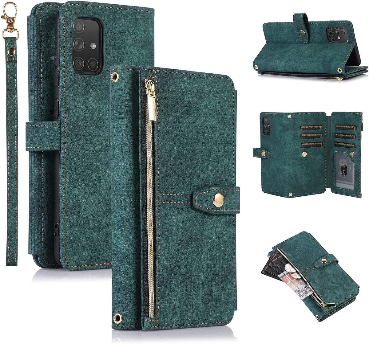 Hoes voor Samsung Galaxy A71, 9 kaartvakken, retro, lederen portemonnee, schokbestendig, flipcase met handlus, standfunctie, ritssluiting, telefoonhoes met magneetsluiting, portefeuille - Retro groen