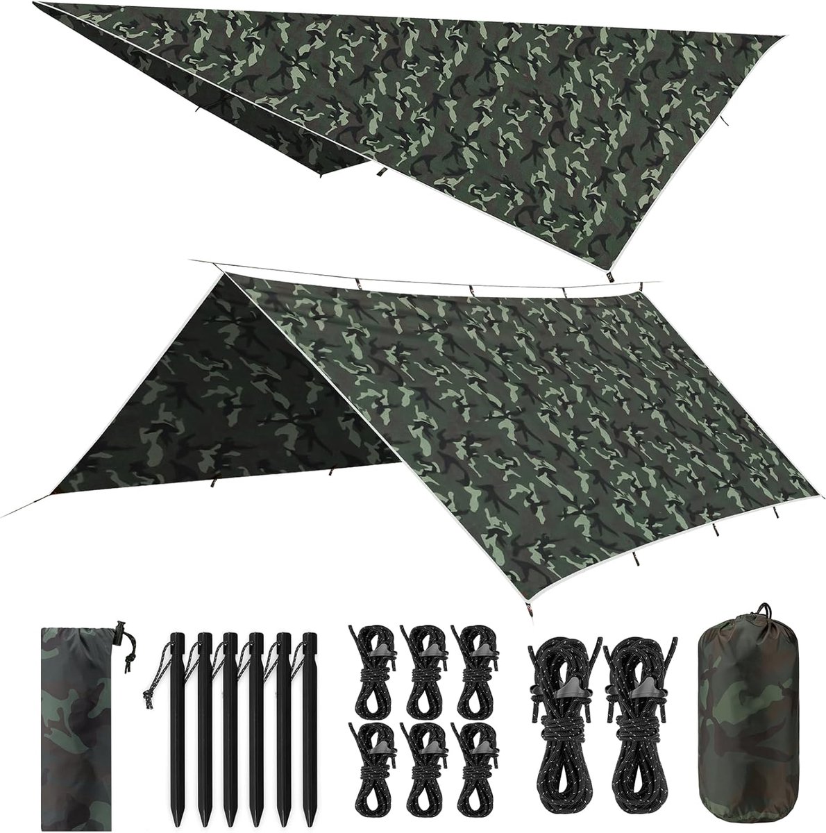 Campingzeil, 3 x 4 m, ultralicht, waterdicht, uv-bescherming, met 8 windtouwen en 6 spijkers van aluminium, zeer scheurvast, voor uitstapjes en picknicks in de open lucht (camouflage)