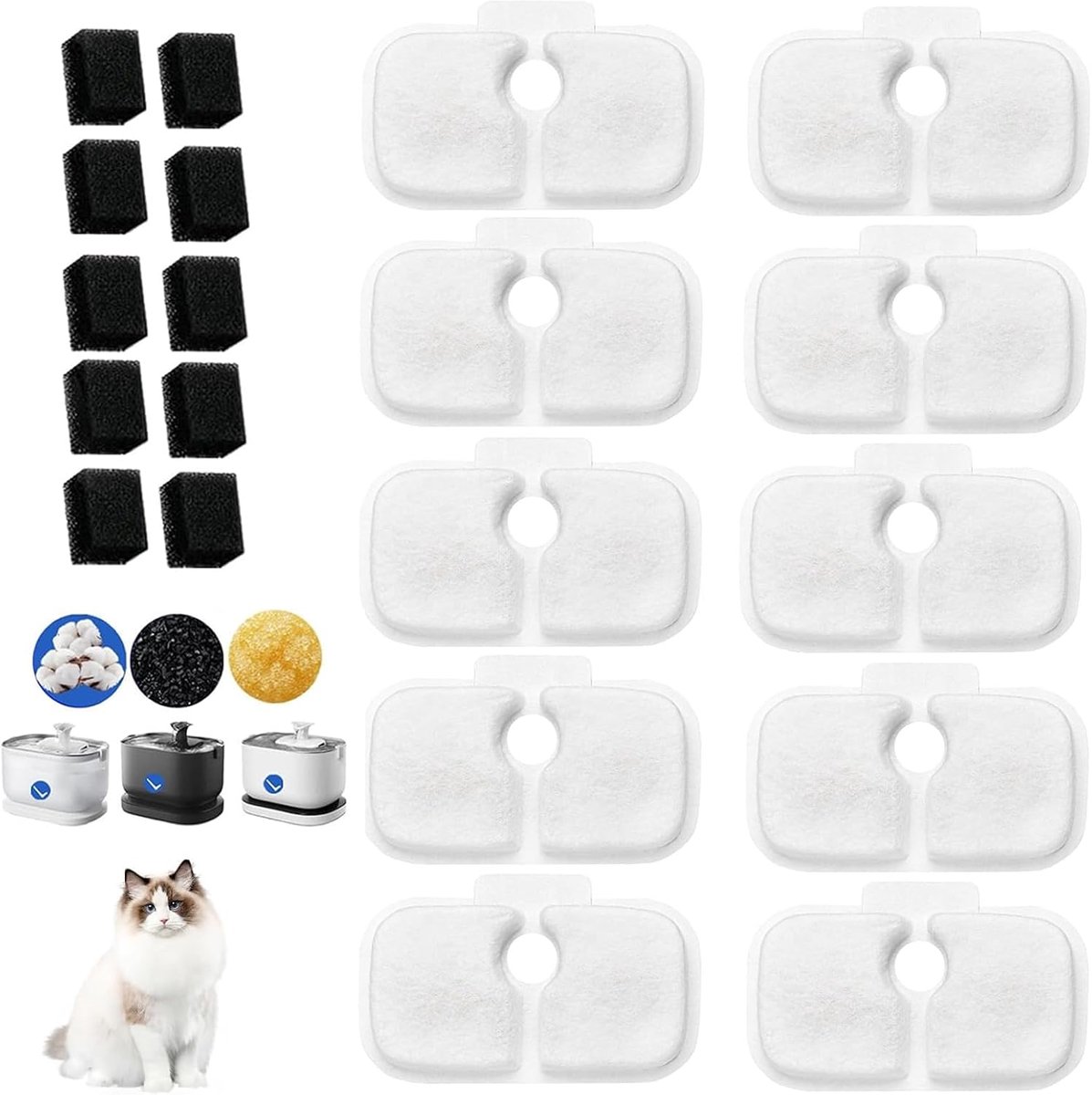10 stuks kattenfonteinfilter, vervangbaar door kattendrinkfonteinfilter, vervanging voor kattenfonteinfilter met 10 zwarte sponzen, actieve kooladsorptie, voor Petlibro kattenfontein