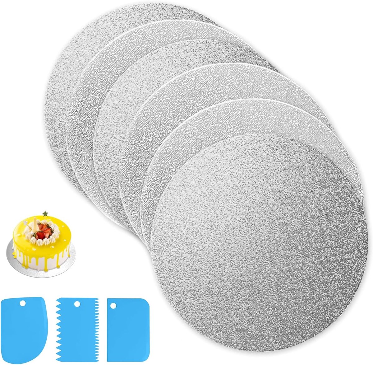 Rond, 6 stuks taarttoppers, rond, herbruikbaar, taartplateau, karton, zilver, taartonderlegger met 3 stuks Icing Smoother (20 cm)