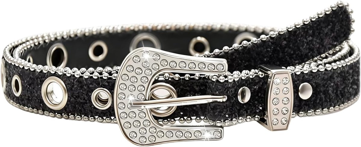 Riem Dames, Western Cowboy Y2K PU-Lederen Riem met Diamanten, Glinsterende Taille Riem met Zilveren Studs voor Jeans en Jurken