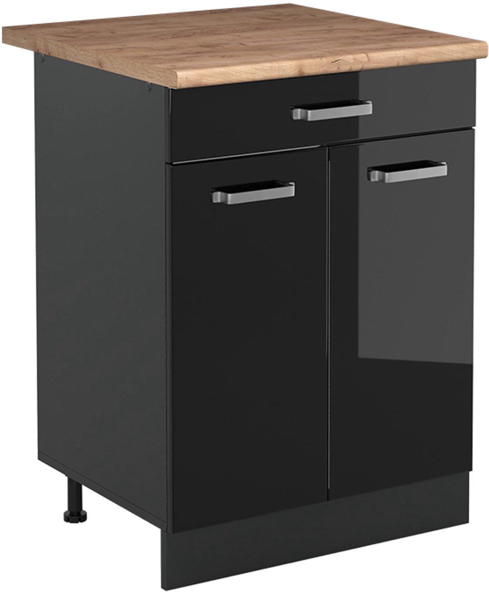 Vicco Keukenonderkast R-Line, Zwart hoogglans/Antraciet, 60 cm met lade goudkleurig eiken werkblad