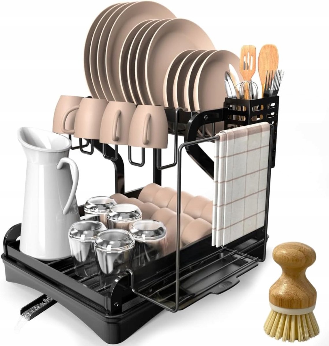 XL Zwarte Keuken Droogrek met Lade en Borstel - Ruimtebesparend
