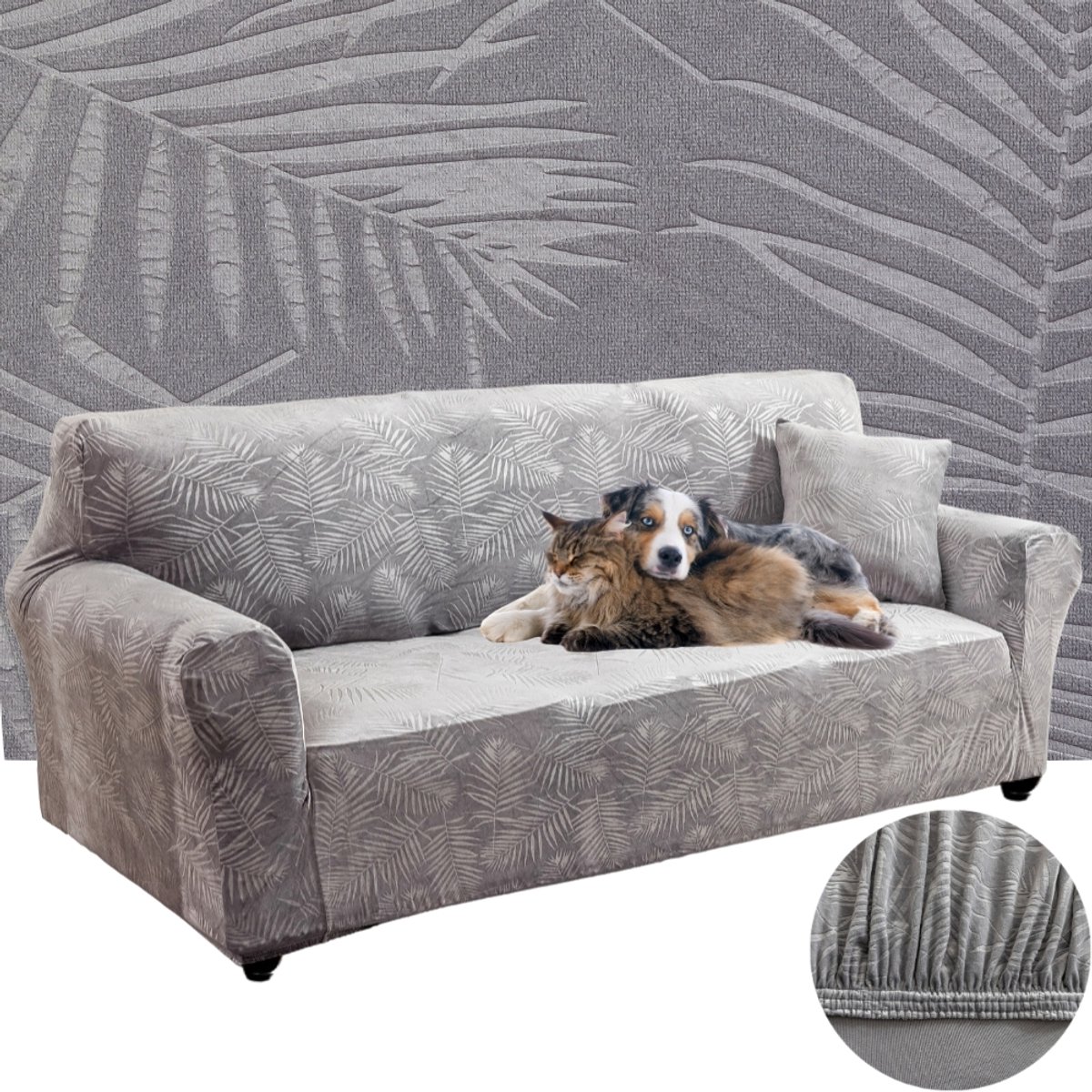 Elastische Sofahoes Velours Palmbladeren Grijs 190-230cm OEKO-TEX