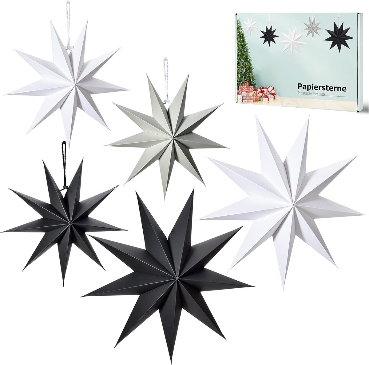 Papieren sterren kerstdecoratie - 5 stuks - Scandinavisch design - Hangend voor sfeervolle ramen - ShopVlot