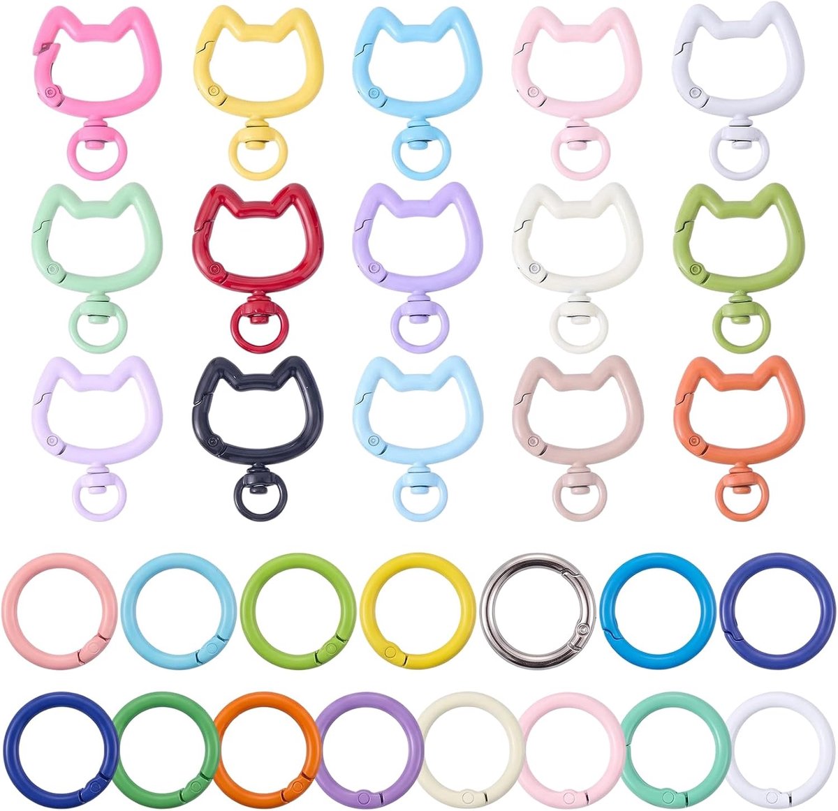 Mini-sleutelring set 30 stuks - kleurrijke karabijnhaak - kattenkop design - ideaal voor sleutelhangers en knutselen - ShopVlot