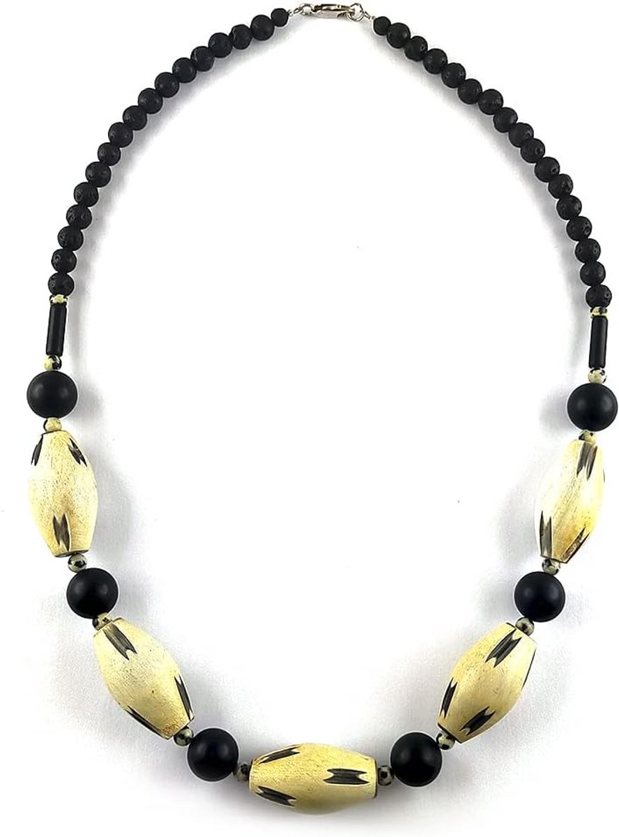 Halsketting met lava- en onyxstenen - dalmatianspeck en natuurlijke hoorn - trendy accessoire voor elke outfit - ShopVlot