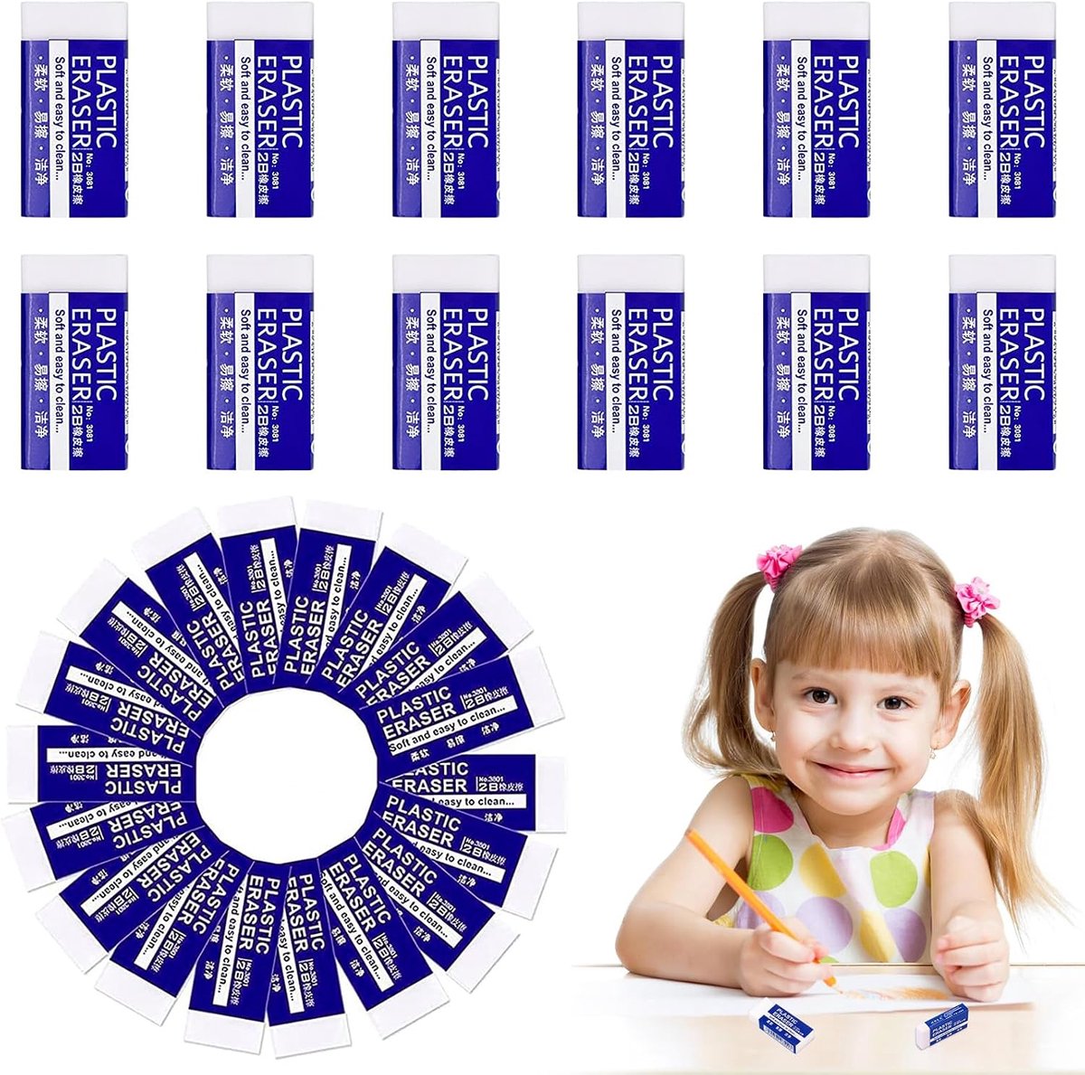 Witte plastic gum 30 stuks - grote latexvrije gum - veilig voor kinderen - ideaal voor school en kantoor - ShopVlot