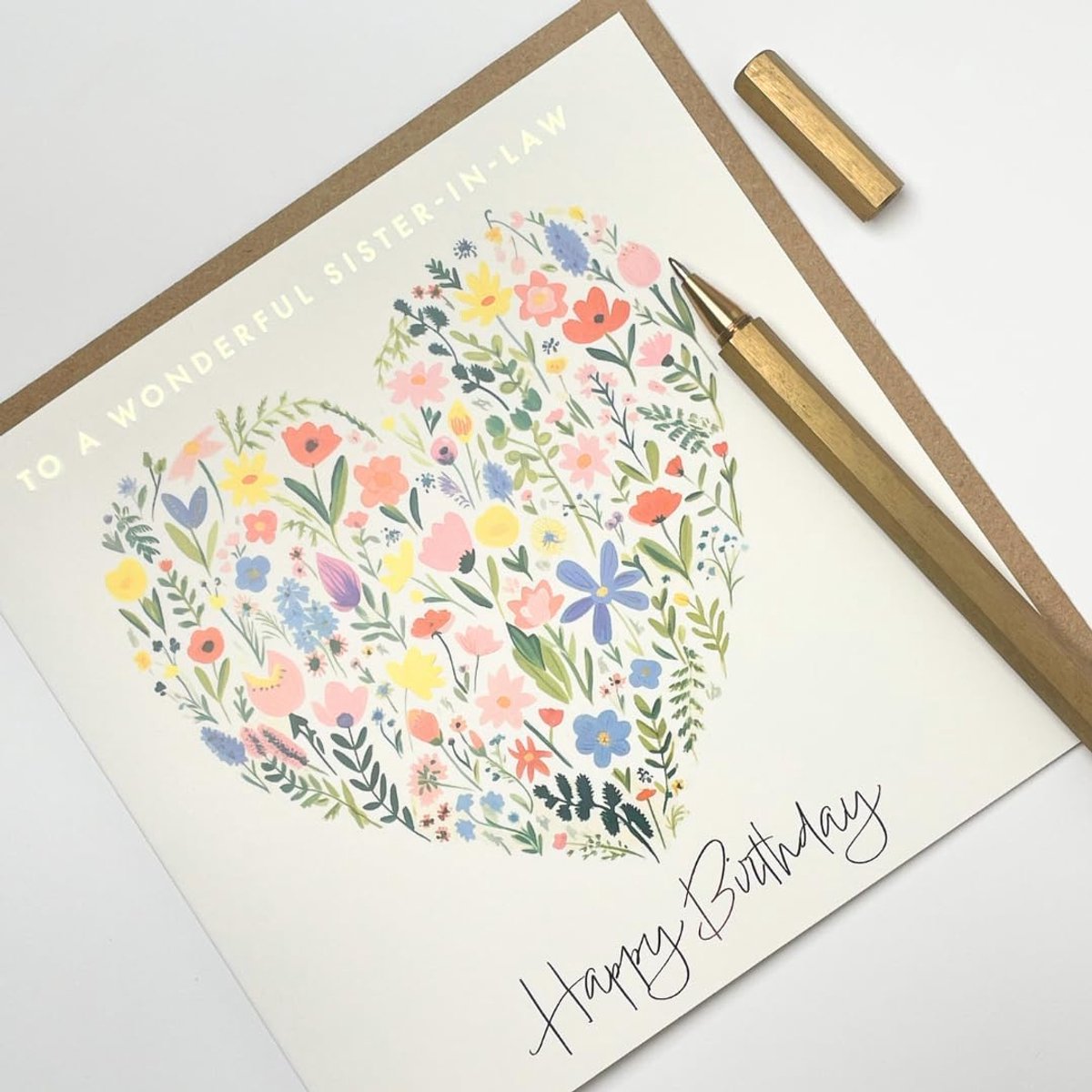 Verjaardagskaart voor zus-in-law - bloemen hart schilderij - goudfolie - schattige verjaardagsgroet - ShopVlot