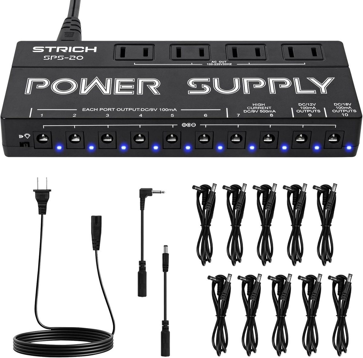 Guitar Power Supply 10 Isolatie DC-uitgangen - 9V/12V/18V Effect Pedal - 100mA/500mA output - Perfect voor muzikanten - ShopVlot
