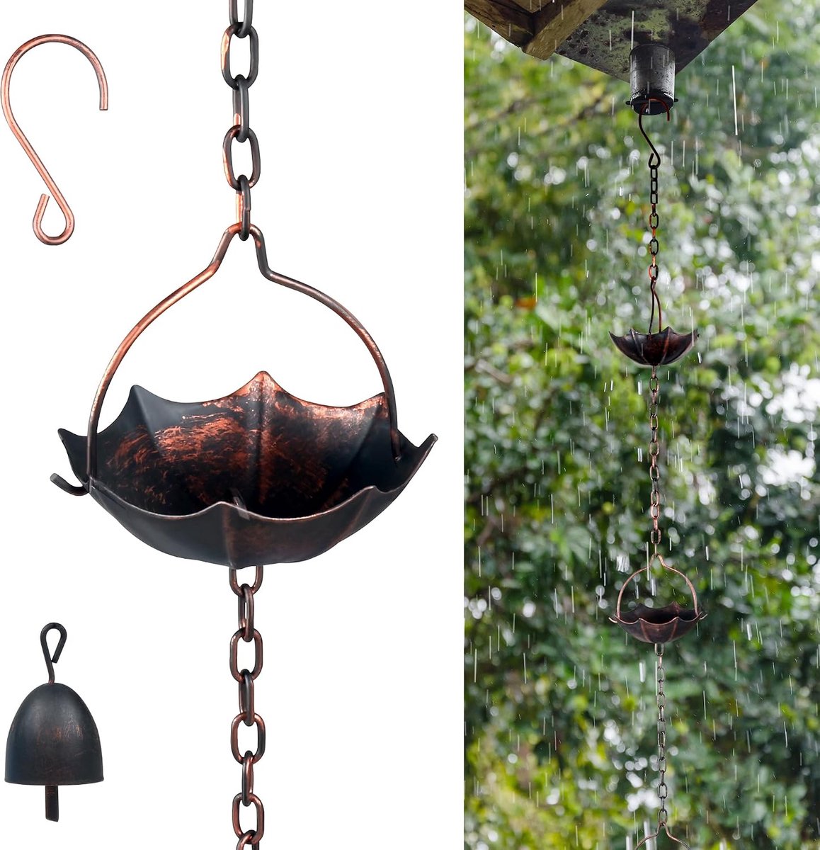 380 cm regenketting, verstelbaar, hangende regenwaterketting van metaal met 12 schalen, dakgootketting, regenafvoerketting met regenklokken, voor de regenvanger buitenshuis