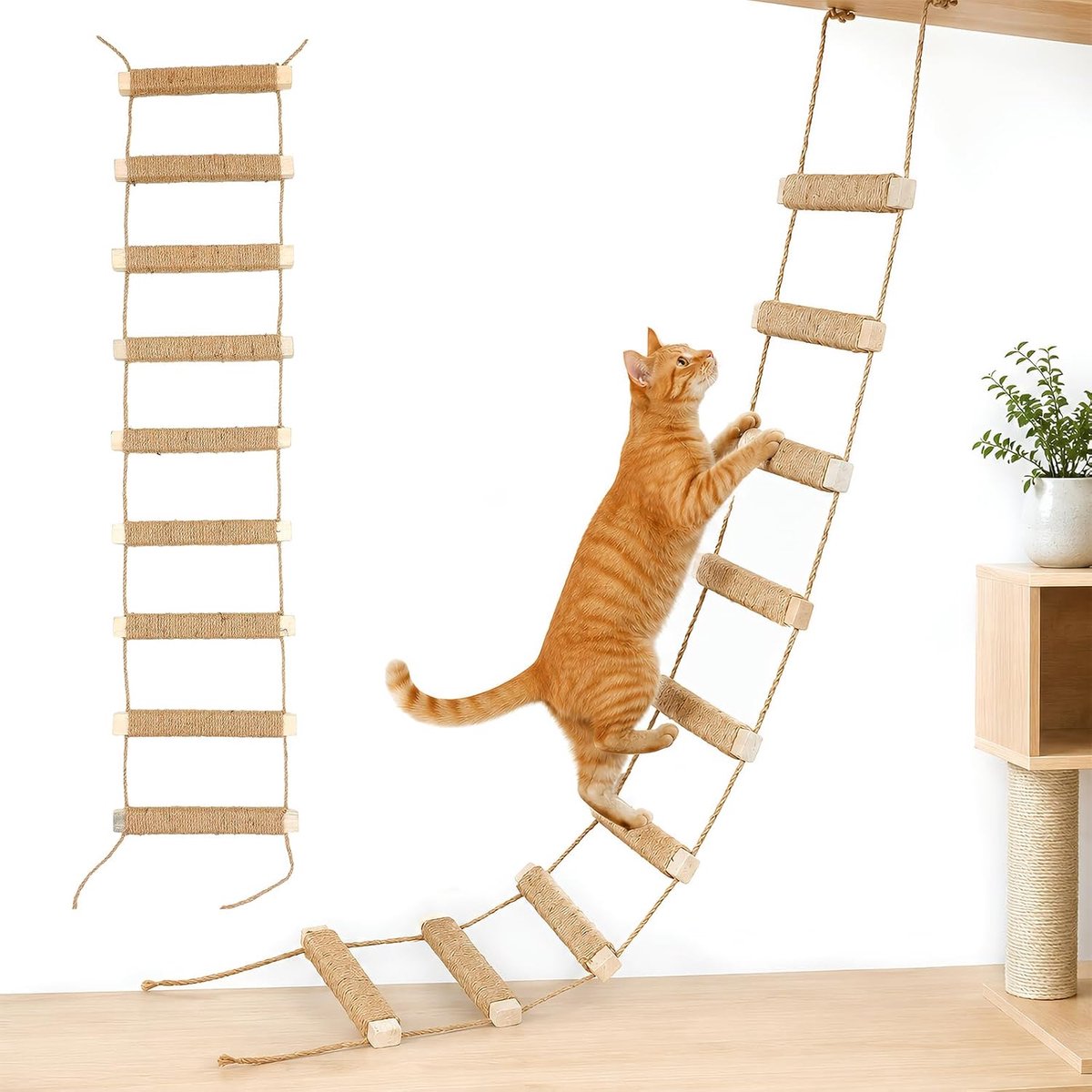 100 cm kattenladder, wandmontage, 3-in-1 sisal klimbrug & hangmat van massief hout, opvouwbare jute krabplanken, looppad voor kattenwandrekken, klimvoeten, indoor katten