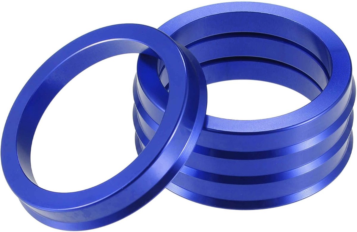 Centrale ringen voor velgen, set van 4, blauw, van aluminium | Buitendiameter 67,1 mm, binnendiameter 54,1 mm, dikte 10 mm, corrigeert velg en naaf, elimineert trillingen
