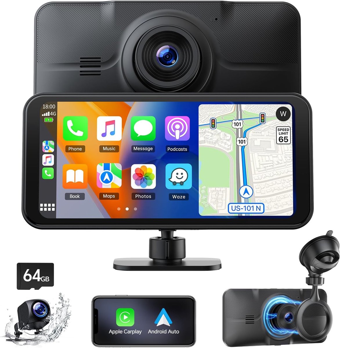 CarPlay Autosysteem met 4K+1080p Voor en Achterdashcamera, Draadloos Apple CarPiay en Android Auto, 6,25 inch Touchscreen Navigatie Spraakassistent Bluetooth FM AUX 64 GB SD Kaart