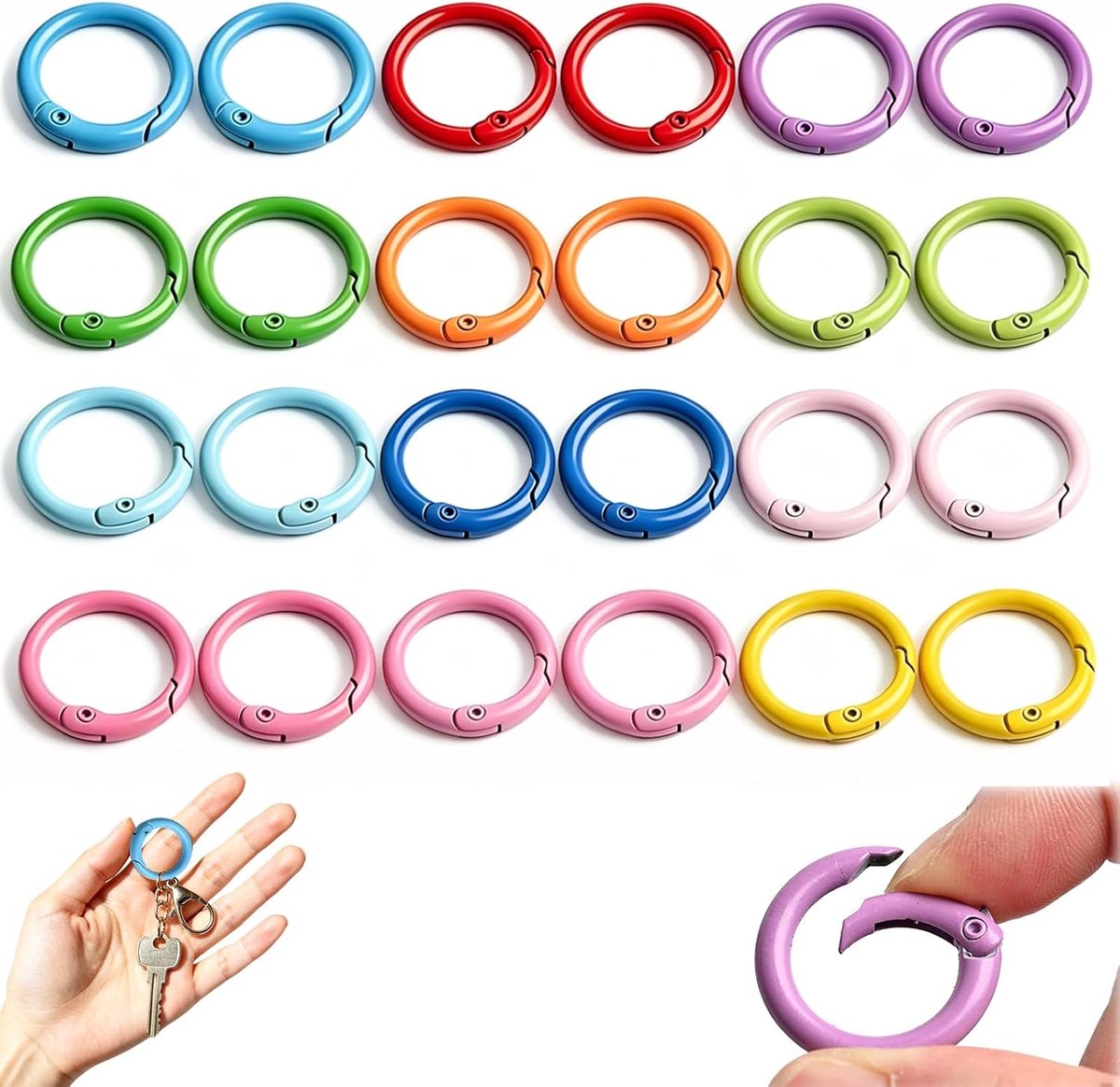 24 stuks ronde karabijnringen 25 mm, 12 kleuren sleutelringen met veersluiting, kleurrijke gesp voor doe-het-zelf sleutelhanger, portemonnee, tasdecoratie en knutselwerk accessoires
