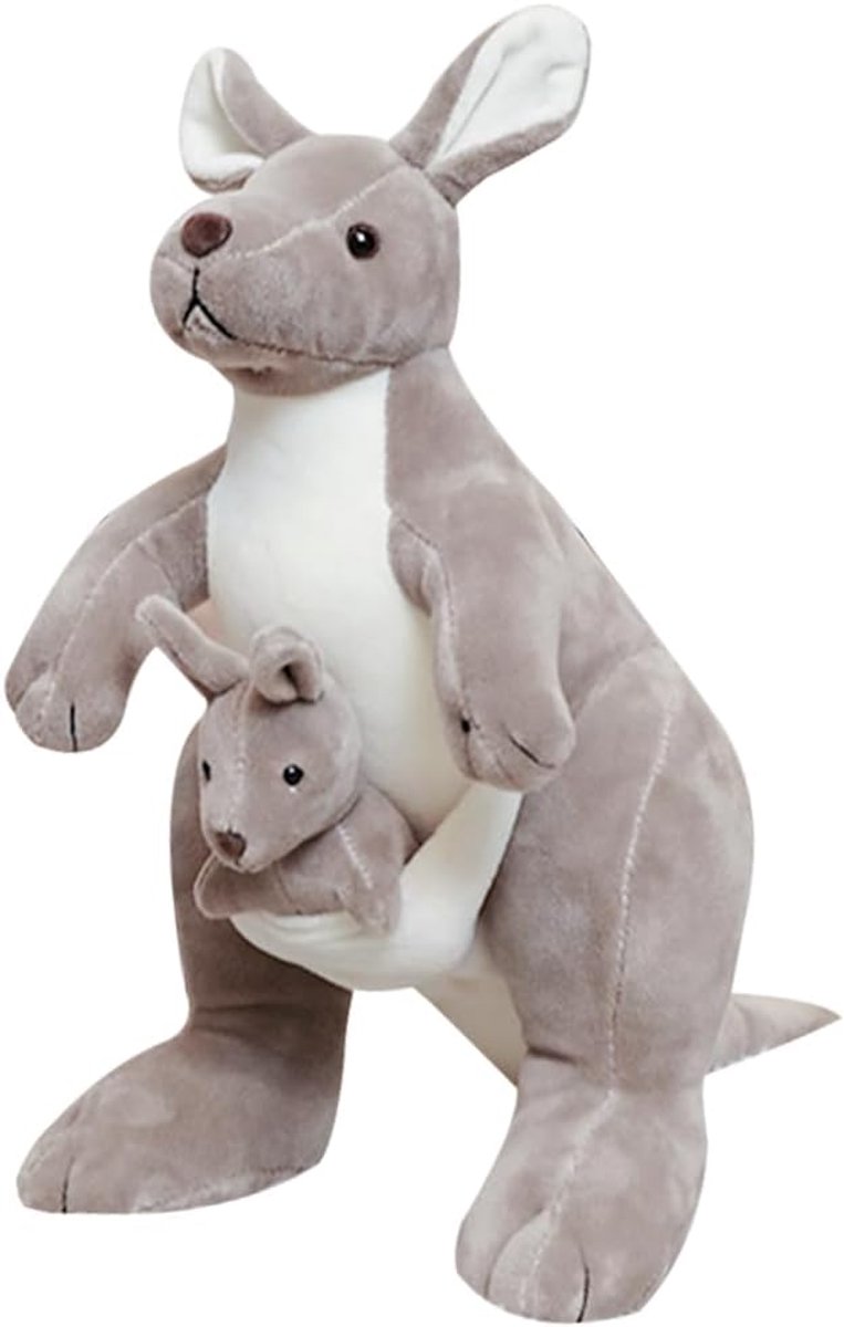 Knuffeldier, 28 cm, kangoeroe-knuffeldier met baby in de buik, kangoeroe pluche dier, schattig knuffeldier voor moeder en kind, pluizig knuffeldier voor geschenken en kamerdecoratie, spelen