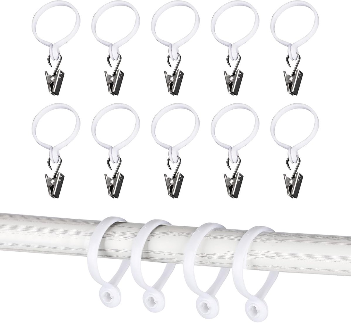 Ringen met clips, douchegordijnhaken, gordijnhaken met clips, douchegordijnringen, gordijnhaken, kunststof douchegordijnringen voor gordijnen, deurgordijnen, wit