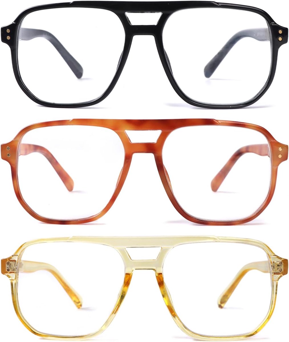 3 stuks oversized vluchtscharnier, vintage leesbril voor dames en heren, vierkant, anti-blauw licht, computerlezer