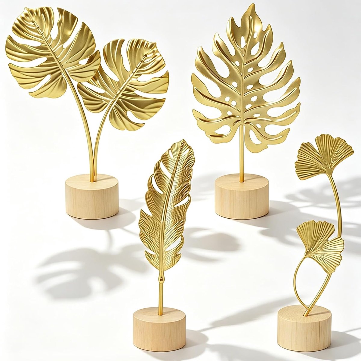 4 stuks gouden moderne bladsculptuur, standbeeld, blad, metalen sculptuur met houten sokkel, decoratieve bladeren, metaal, voor thuis, kantoor, slaapkamer, woonkamer