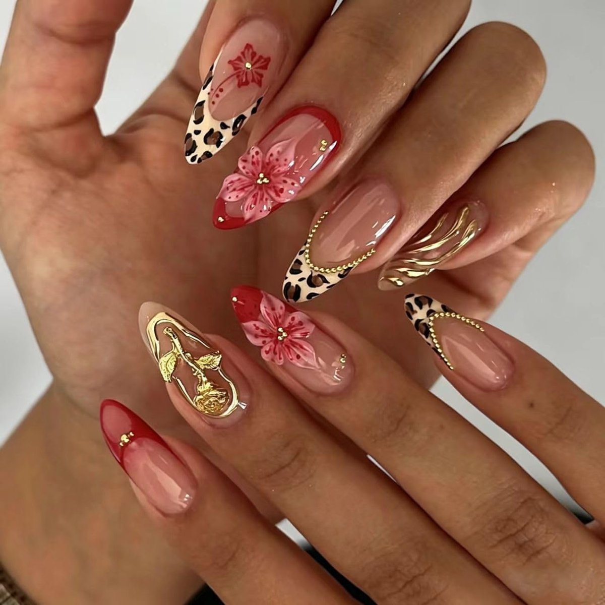 Nagels, kort, amandel, luipaard, Franse 3D, bloemen, roze, goud, gestreept, design, korte amandel, nepnagels, bloemen, twill, zoete zomer, INS kunstnagels