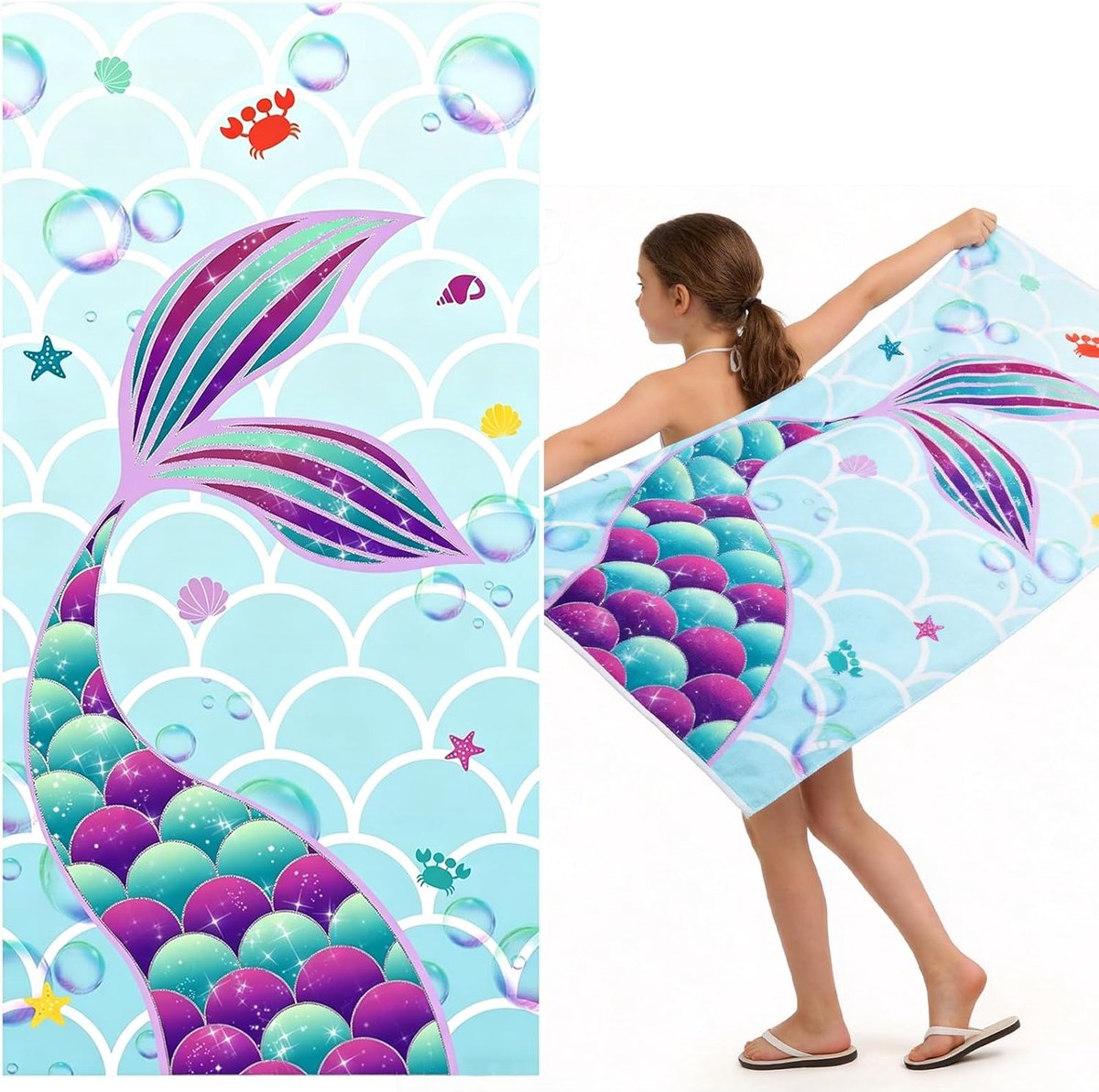 Zeemeerminstrandhanddoek voor kinderen, 76 x 150 cm, zandvrije handdoeken voor meisjes, sneldrogend, badhanddoek, ultra absorberend, superzacht, stranddeken, zwembad, reizen, zwemmen, badhanddoek