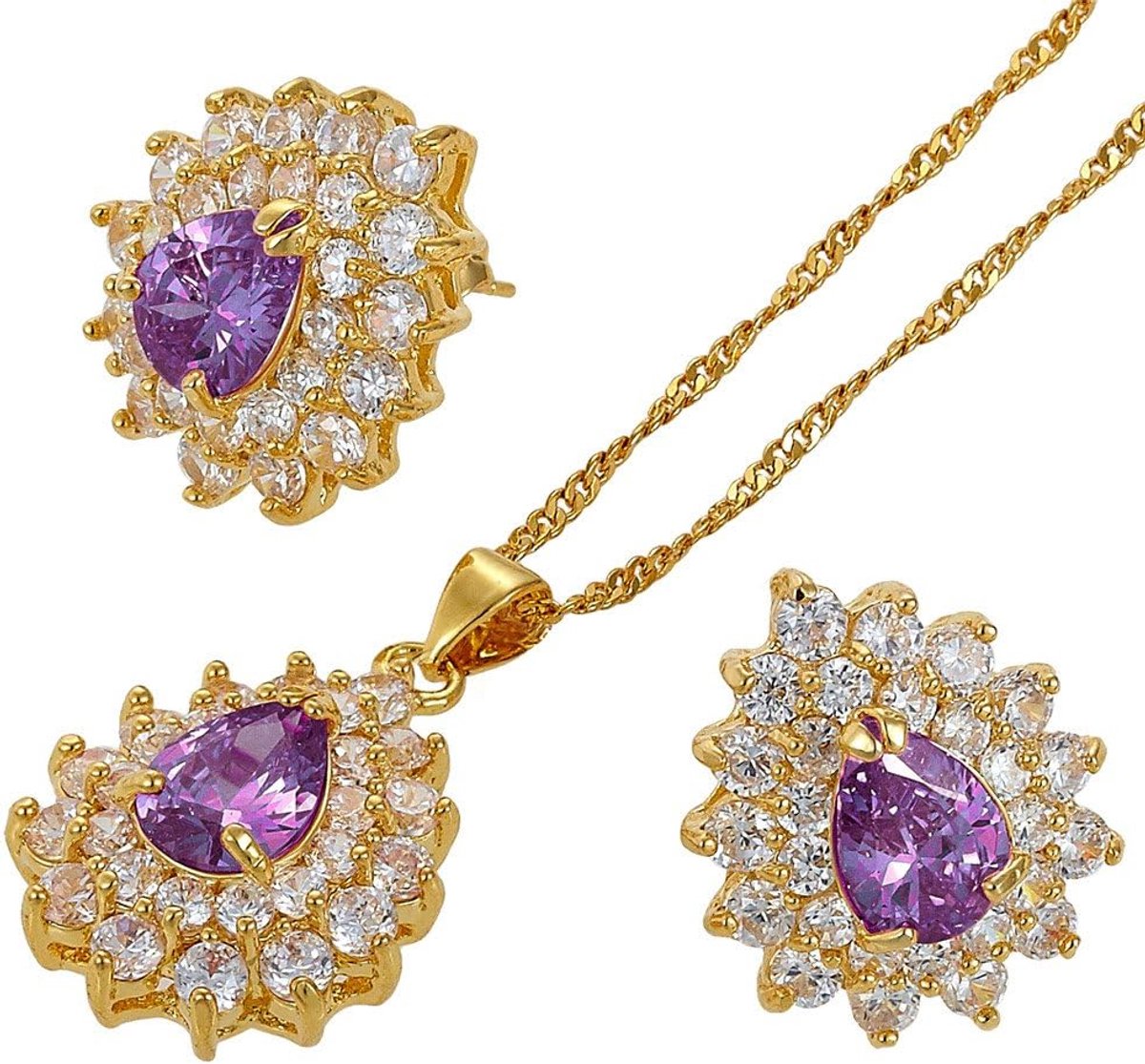 [RIZILIA TRAAN] Sieradenset Hanger met 18" Ketting & Oorknopjes Peer Gesneden Edelstenen Zirkonia CZ [Meerkleurig beschikbaar] in 18K Geelgoud Verguld, Eenvoudige Moderne Elegantie