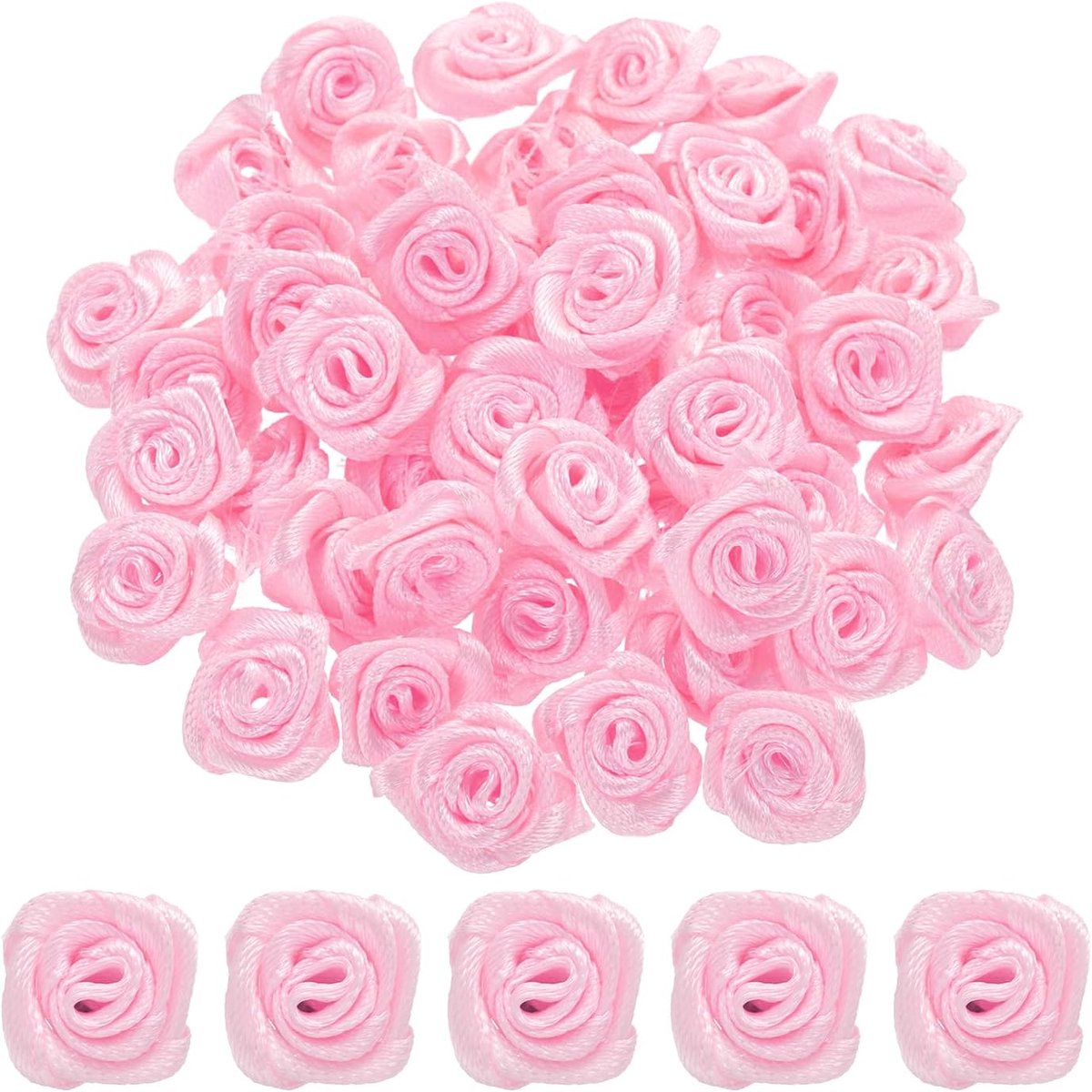 100 stuks 1,5 cm mini-rozen, satijnen lint, kunstbloemen, stof, satijnen lint voor doe-het-zelf accessoires, naaien, geschenkverpakking, bruiloftsdecoratie, roze
