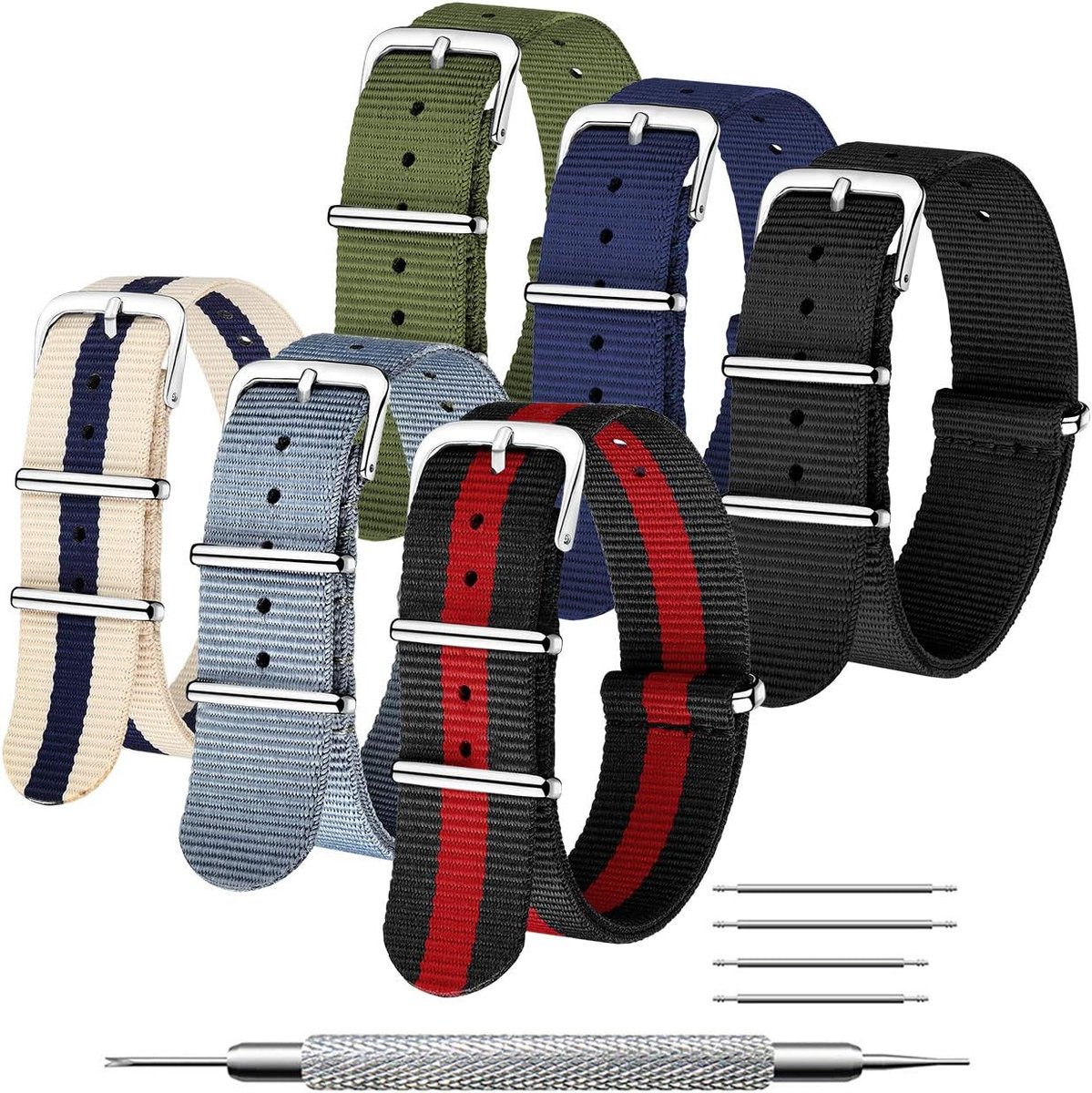 NATO-bandje, 6 stuks, 16 mm, 18 mm, 20 mm, 22 mm, 24 mm, ballistische nylon horlogebanden, Zulu-bandjes, roestvrijstalen gesp met veerstang en schakelpingereedschap