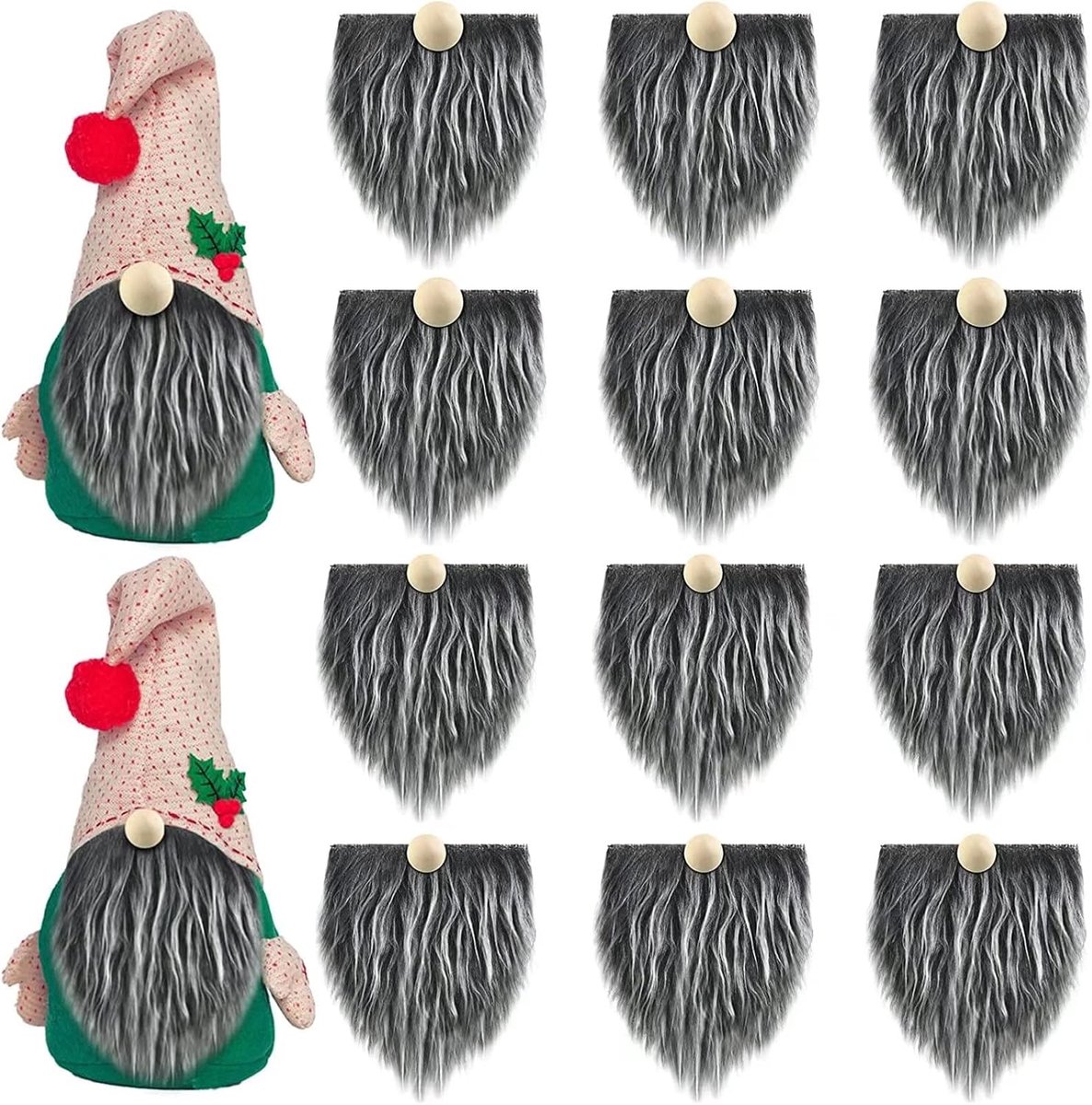 12Pcs Pre-Cut Gnome Baard voor Crafting, Grijs Faux Fur Stof Handgemaakte Dwerg Baard Met 12Pcs Houten Ballen Neus Voor Festival Home Decor Diy