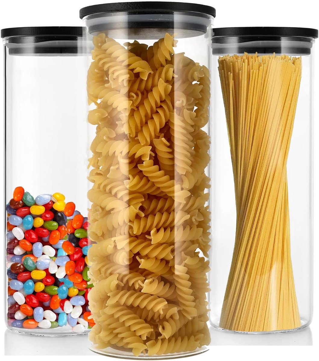 Opslagpotten Set van 3 - 1050ML - Glas met Bamboe Deksel - Luchtdicht voor Pasta - SnelShoppen