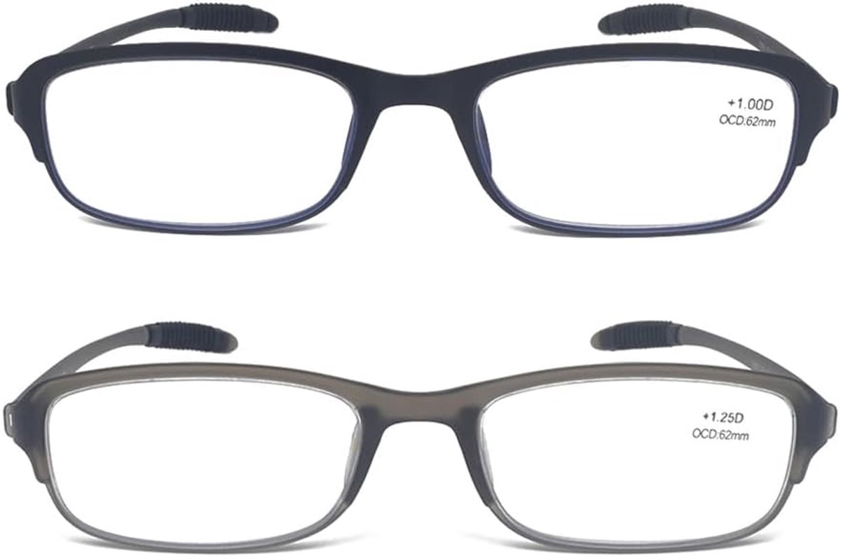 Lichte en Flexibele Leesbril met Etui (2-pack), Leesbrillen met Blauwlichtfilter (Totale Breedte 134 mm)