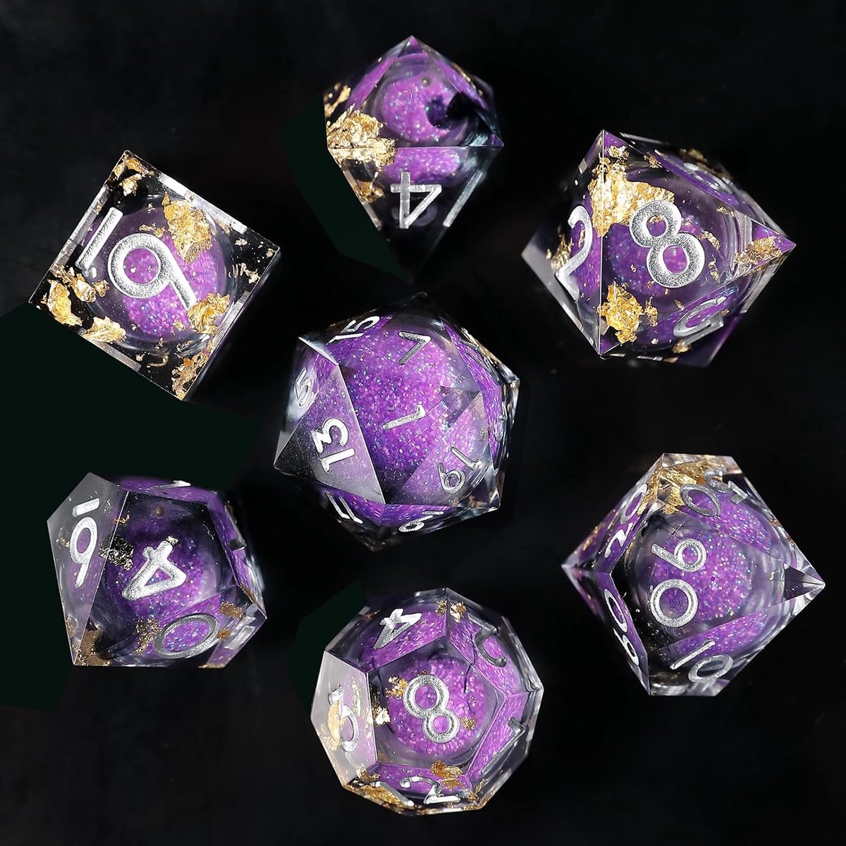 Set van 7 vloeibare kern, drijfzand, polyhedrische dobbelstenen met scherpe randen, hars, voor Dungeons & Dragons, D&D RPG dobbelstenen D20 D12 D10 D8 D6 D4 handgemaakt voor