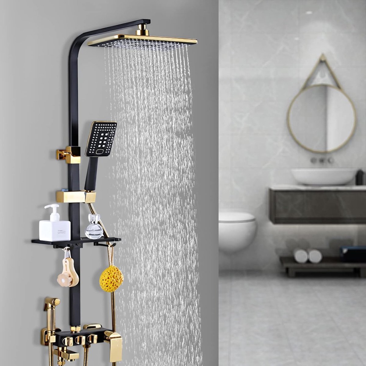 Doucheset, zwart/goud, douchesysteem met hoofddouche, handdouche, douchepaneel, douchearmatuur, douchezuil, instelbare hoogte 75-120 cm