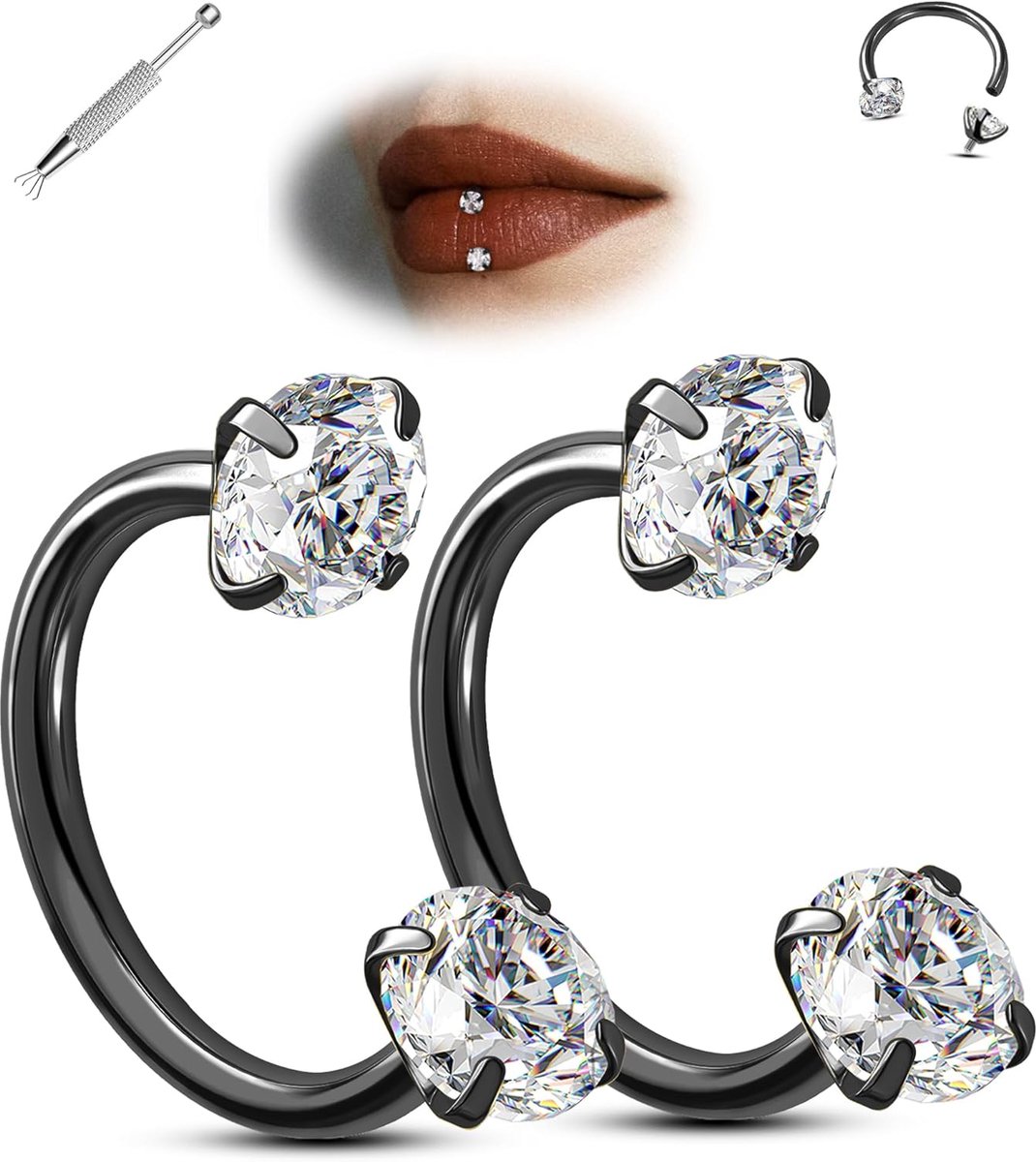 2 stuks paardenschoenen, neusringen, chirurgisch staal, kraakbeen-oorbellen, 16 G, septum ringen, zirkonia, lippiercing, sieraden, binnendraad, paardenschoenen, oorbellen