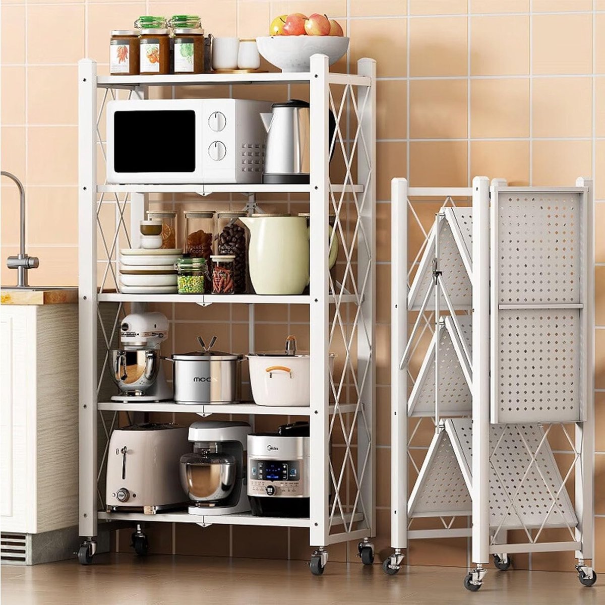 opbergrek van metaal met wielen, 72,15 inch B x 15,55 inch D x 42,82 inch H, 750 pond draagvermogen, organizer rek zonder montage (blanc, 4 standen)