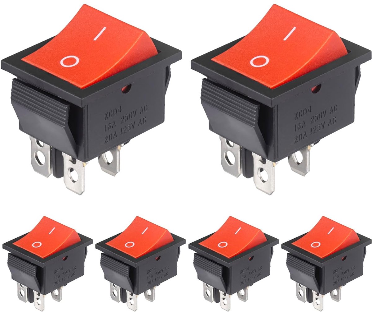 Tuimelschakelaar, tuimelschakelaar, 4-polig, aan/uit, 16 A, 250 V, AC 20 A, 125 V, rood, 2 posities, rechthoekige boot switch (6 stuks)