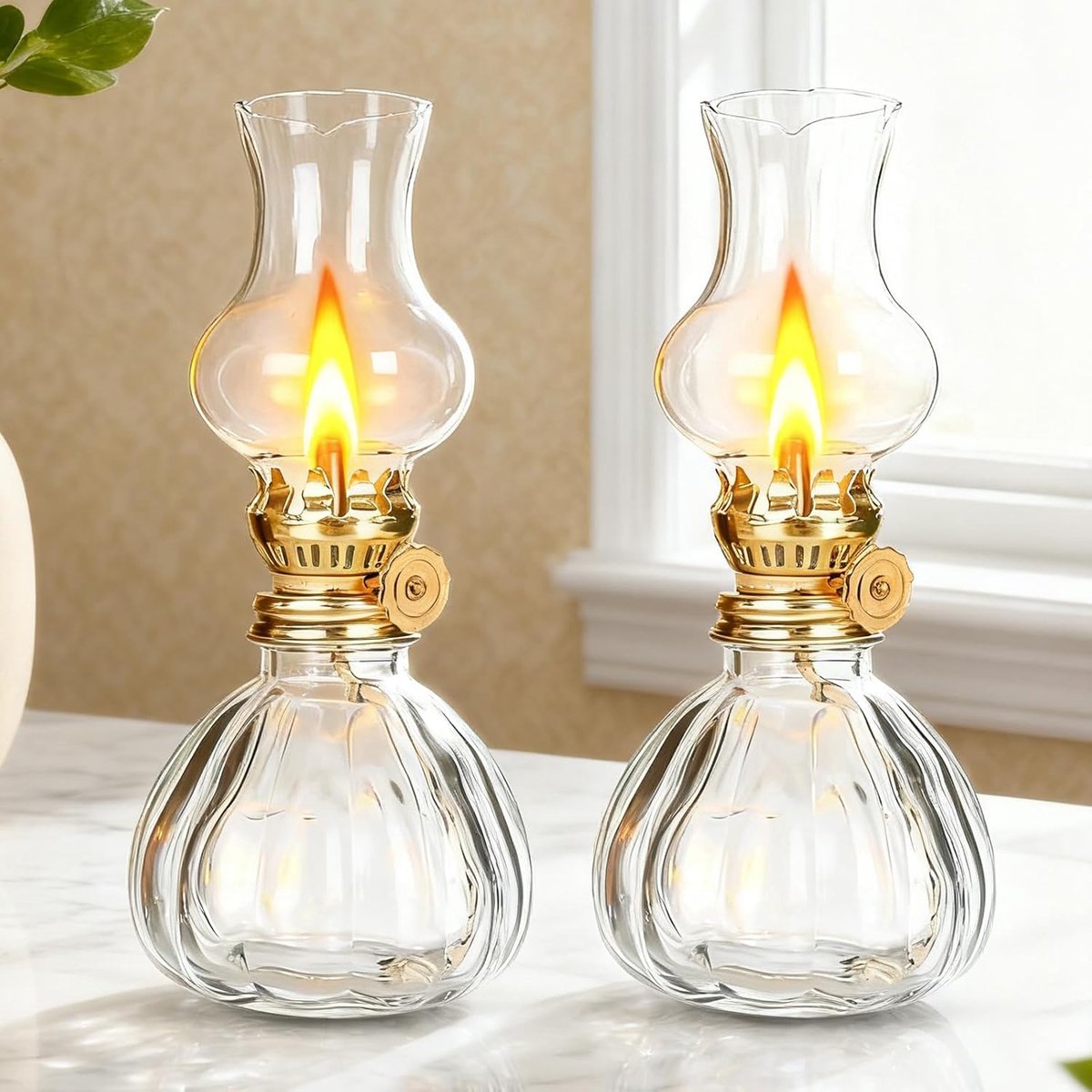 2 stuks vintage petroleumlamp, olielamp, lantaarn, olielamp, glas met verstelbare vuurlont, delicate stormlamp, petroleumlamp, kerosine, lantaarn, binnen, voor woonkamer, tuin, huisdecoratie