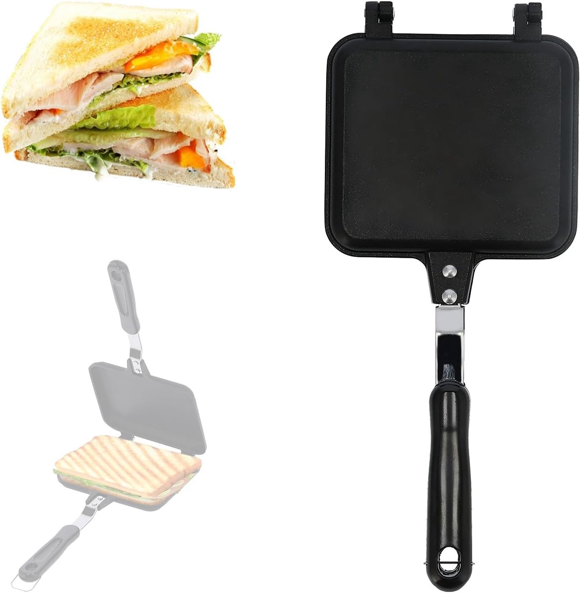 Dubbelzijdige braadpan, vierkant, anti-aanbak, ontbijt, braadpan, sandwich, brood, toast, bakken, pannenkoekenpan, omkeerbare pan, breakfast sandwichmaker met hittebestendig handvat