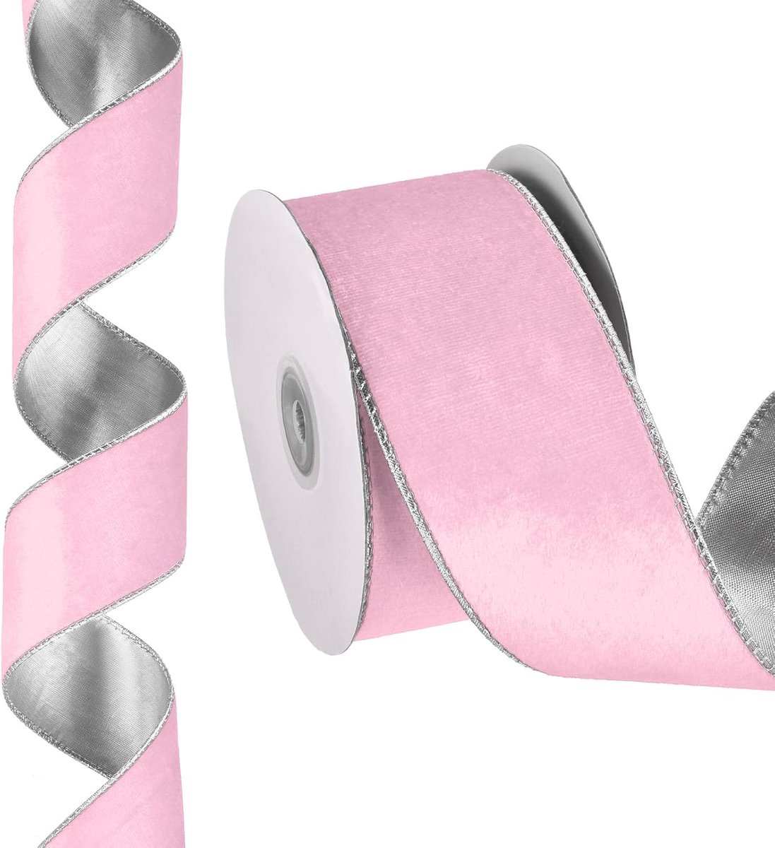 2,5 cm x 6,3 cm kerstlint, fluwelen linten geschenkverpakkingslint voor knutselen, verjaardag, bruiloft, festival, vakantiedecoratie, lichtroze/zilver
