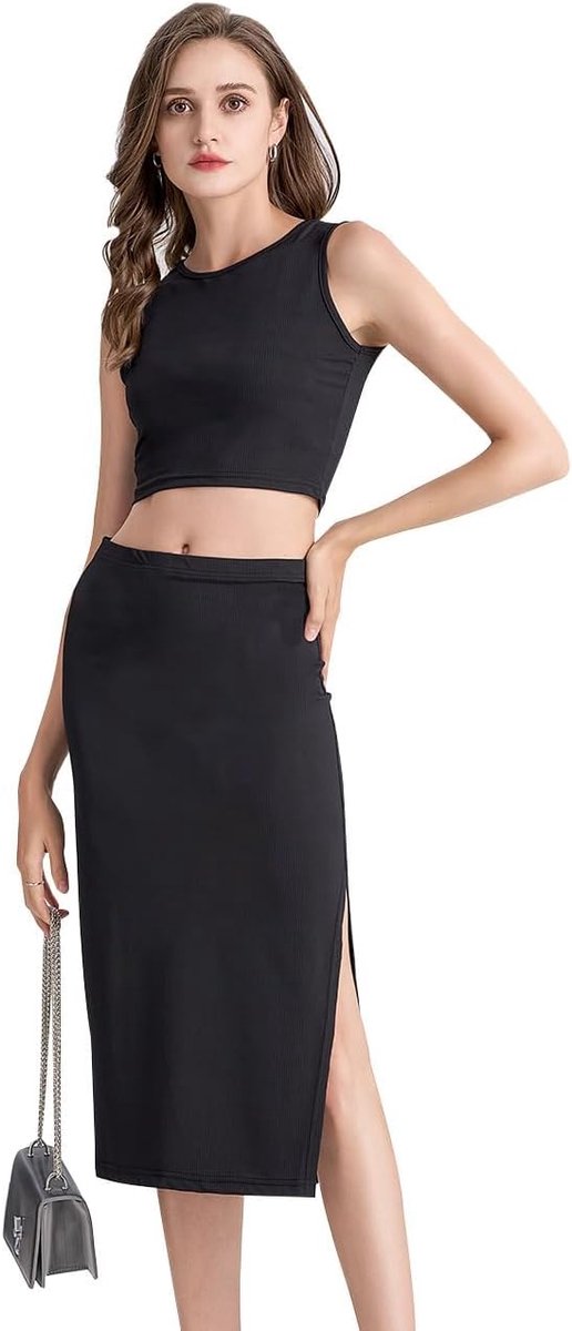 2-delige set voor dames, bovendeel en rok, nauwsluitend, midi-set, mouwloos, zijsplitten, potloodjurk, boothals, feestkleding, dames, urban look