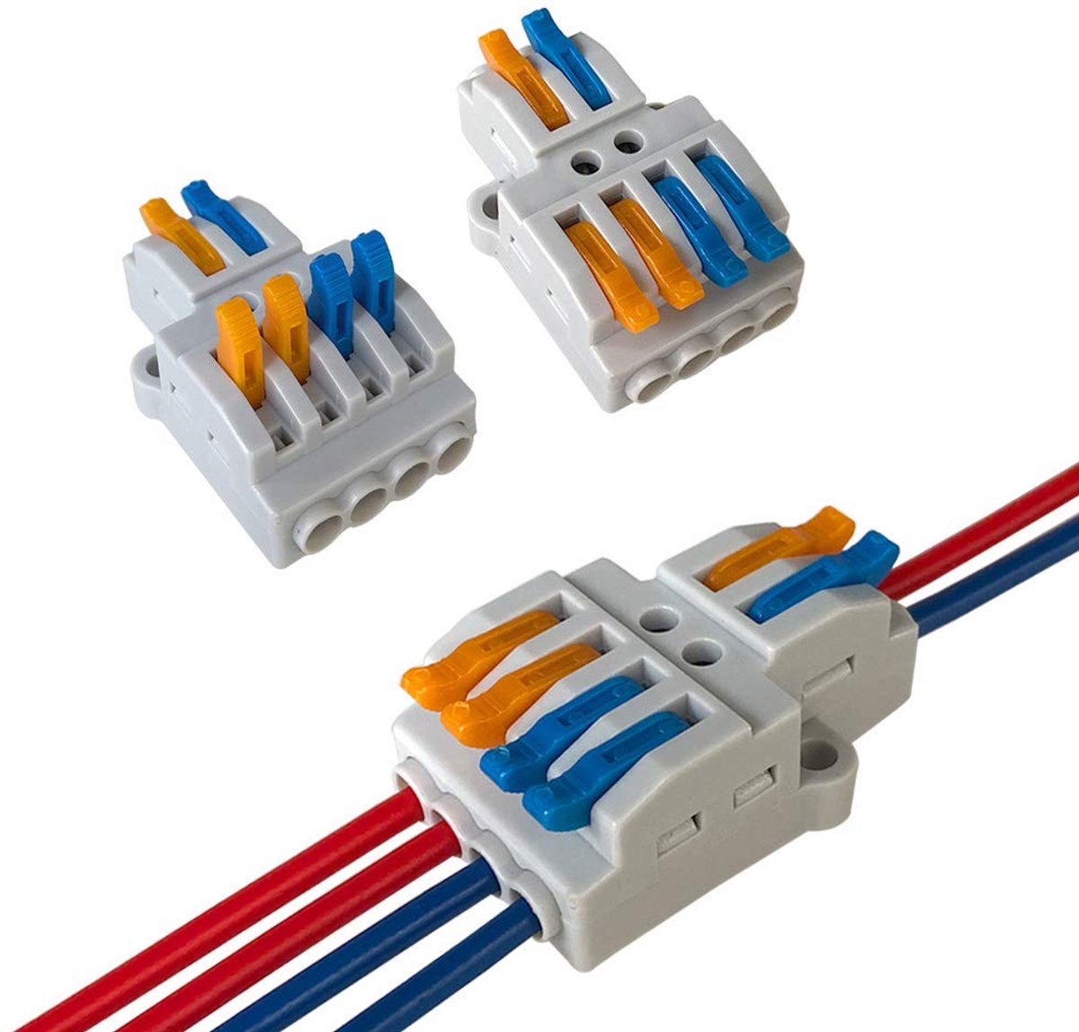 Hendelmoer kabelverbinderset 2 in 4 outputstekkers, compact, tweezijdig, snelle veer, aansluitklem