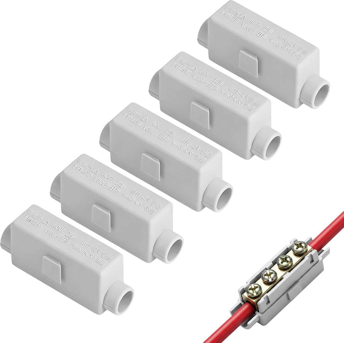 Aansluitblok, elektrische aansluitklem, 5 doorgangsconnectoren, 2-polig, 100 A, 1000 V, geschikt voor kabels van 2,5 tot 16 mm², ABS-behuizing voor plafondlamp, schakelaar en elektrische